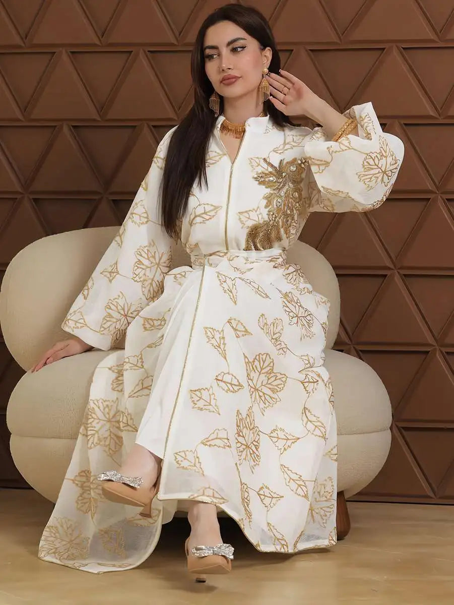 2 Piece Eid Embroidery Dress Set - Flowy Caftan Kaftan with Matching Sleeveless Inner Dress | Elegant Muslim Women's Outfit for Eid Celebrations, Parties & Special Occasions