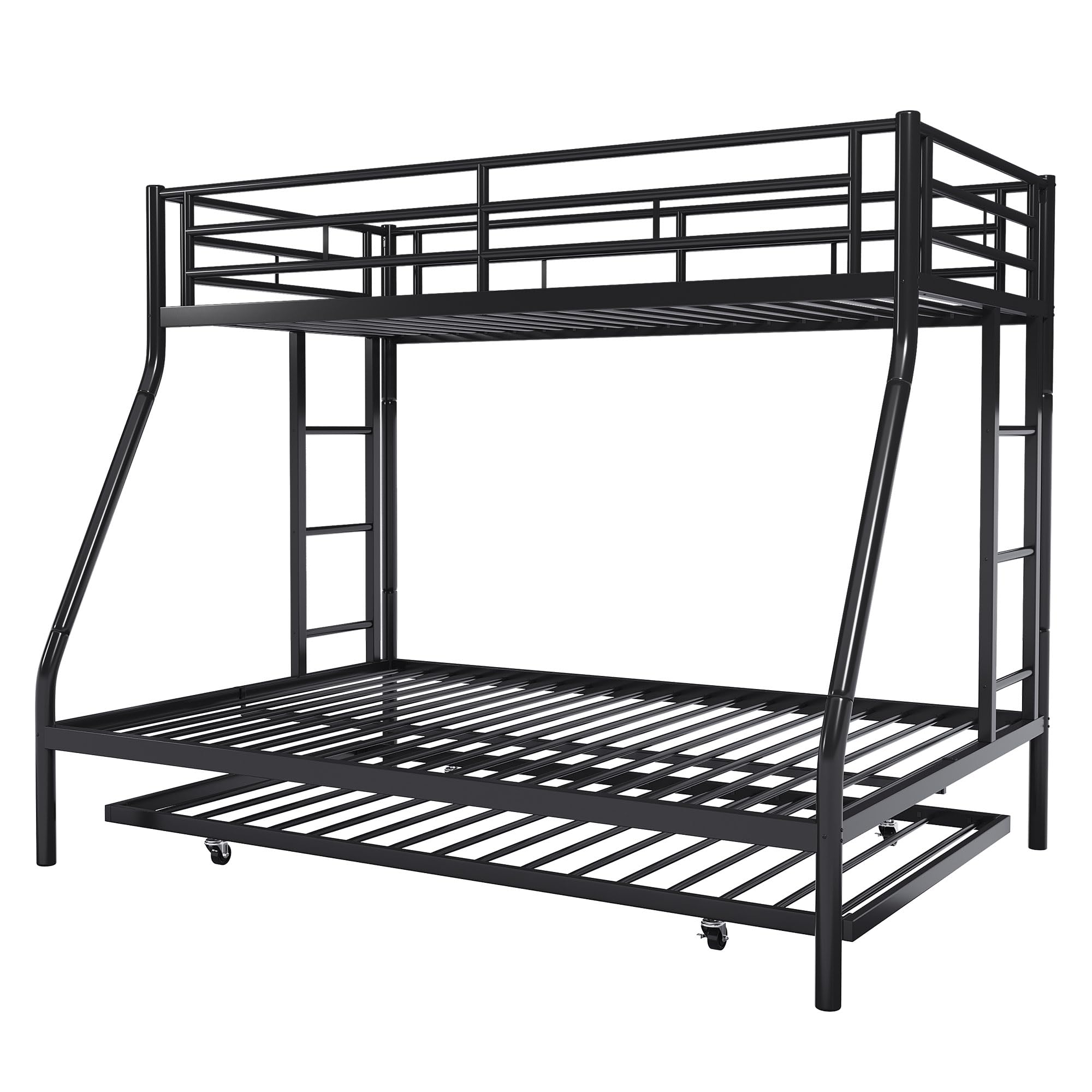 Metal Twin Over Full Bunk Bed with 2 Secure Ladders & Trundle - Space-Saving Loft Bed Frame with Safety Rail & Noise-Free Design for Small Bedrooms - Perfect for Kids Rooms, Guest Rooms & Dormitories - Black