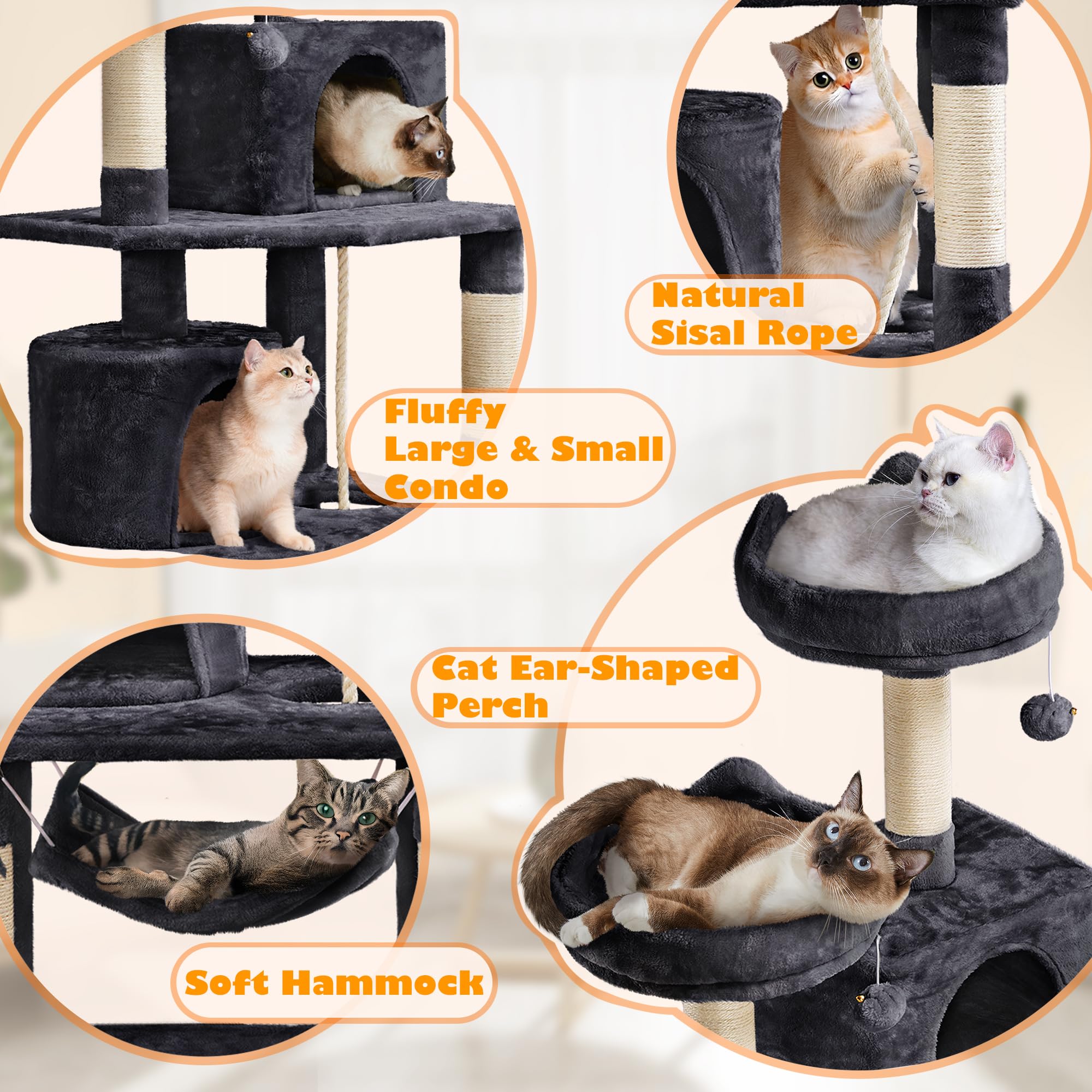 Yaheetech 62.2 Inch Multi-Level Cat Tree with Double Condo, Scratching Posts, Platform & Hammock - Sturdy Cat Tower for Indoor Cats - Perfect for Play, Climbing, Scratching & Relaxing in Home, Apartment or Office