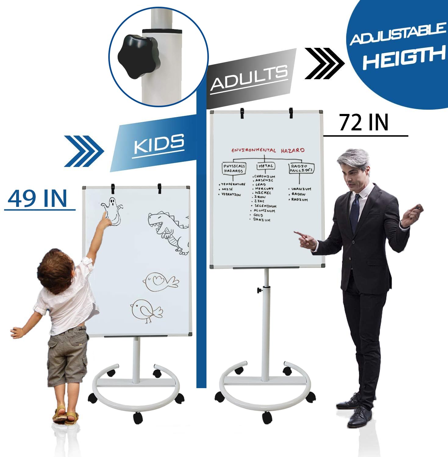 Adjustable Magnetic Dry Erase Board 36x24 Inches - Portable Whiteboard Stand with Easel & 25-Sheet Paper Pad - Vertical Hanging Whiteboard for Office, Classroom, Home (White Frame)