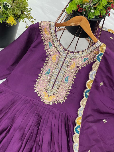 Elegant Purple Chinon Silk Anarkali Gown with Multicolor Embroidery & Dupatta Set of 2 | Indian Traditional Wear for Weddings, Festivals & Special Occasions