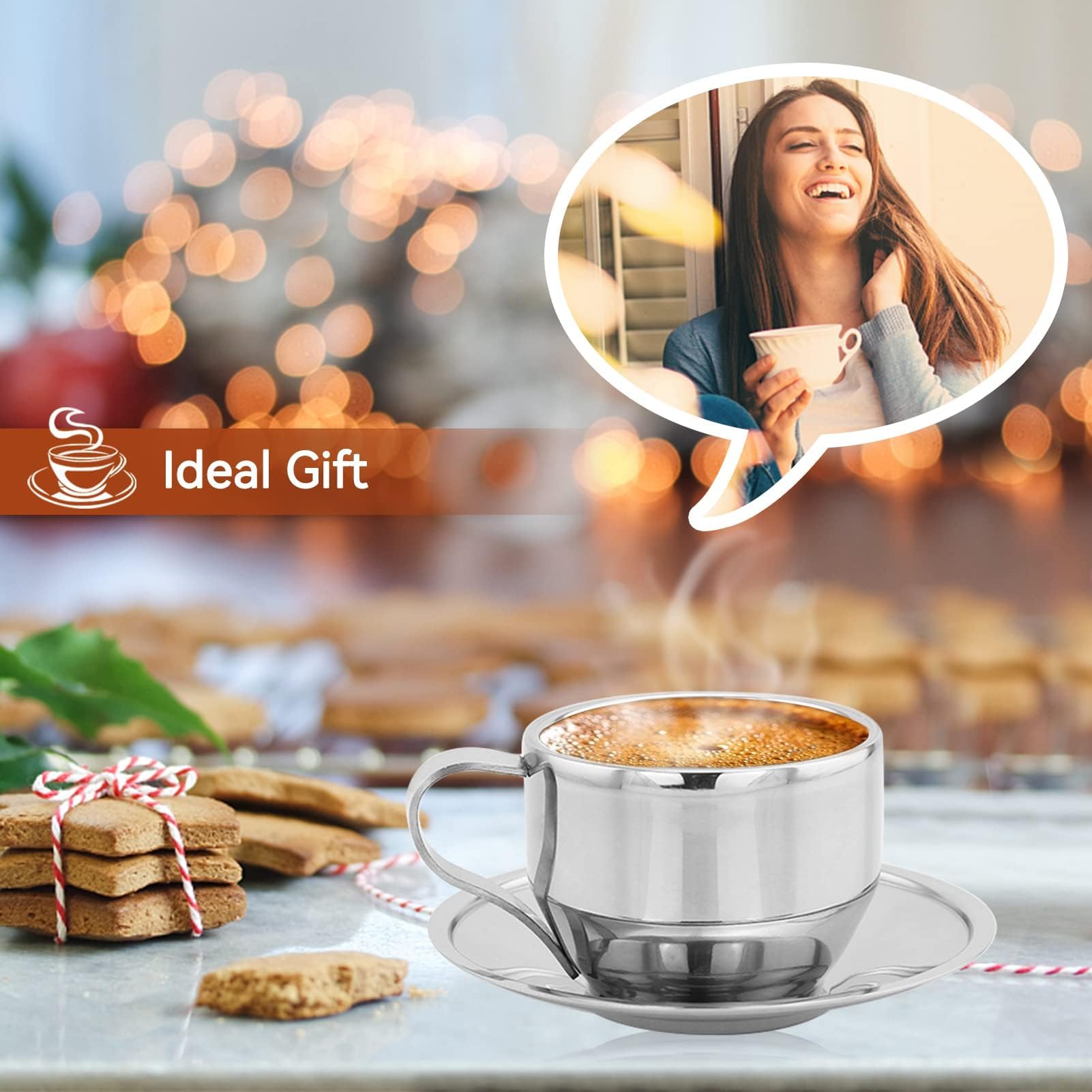 Premium Stainless Steel Coffee Cup Set - 125ML Espresso Mugs with Saucer & Spoon - Ideal for Cappuccino, Latte, Tea - Perfect Gift for Coffee & Tea Lovers - Great for Home, Office, Cafe, and Restaurant Use