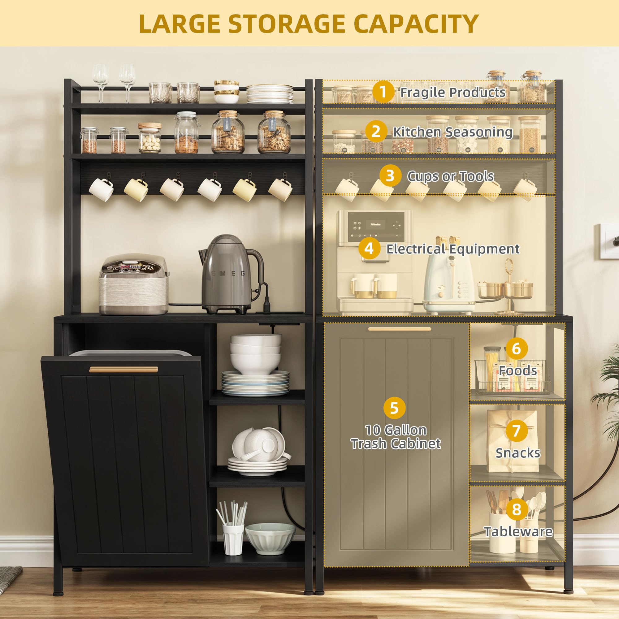 YITAHOME 6-Tier Bakers Rack with Storage, Microwave Stand with Trash Bin Cabinet & Power Outlet - Large Coffee Station for Kitchen, Dining Room & Living Room - Perfect for Small Spaces & Home Organization (Black)