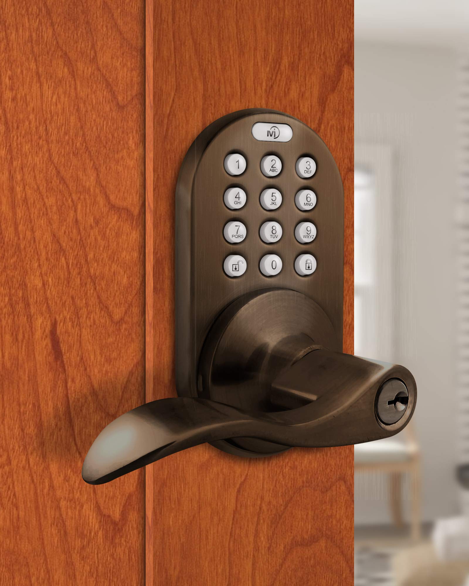 MiLocks DKL-02AQ Smart Keyless Entry Touchpad Door Lock - Electronic Lever Handle with Antique Brass Finish for Home, Office & Vacation Rental Security