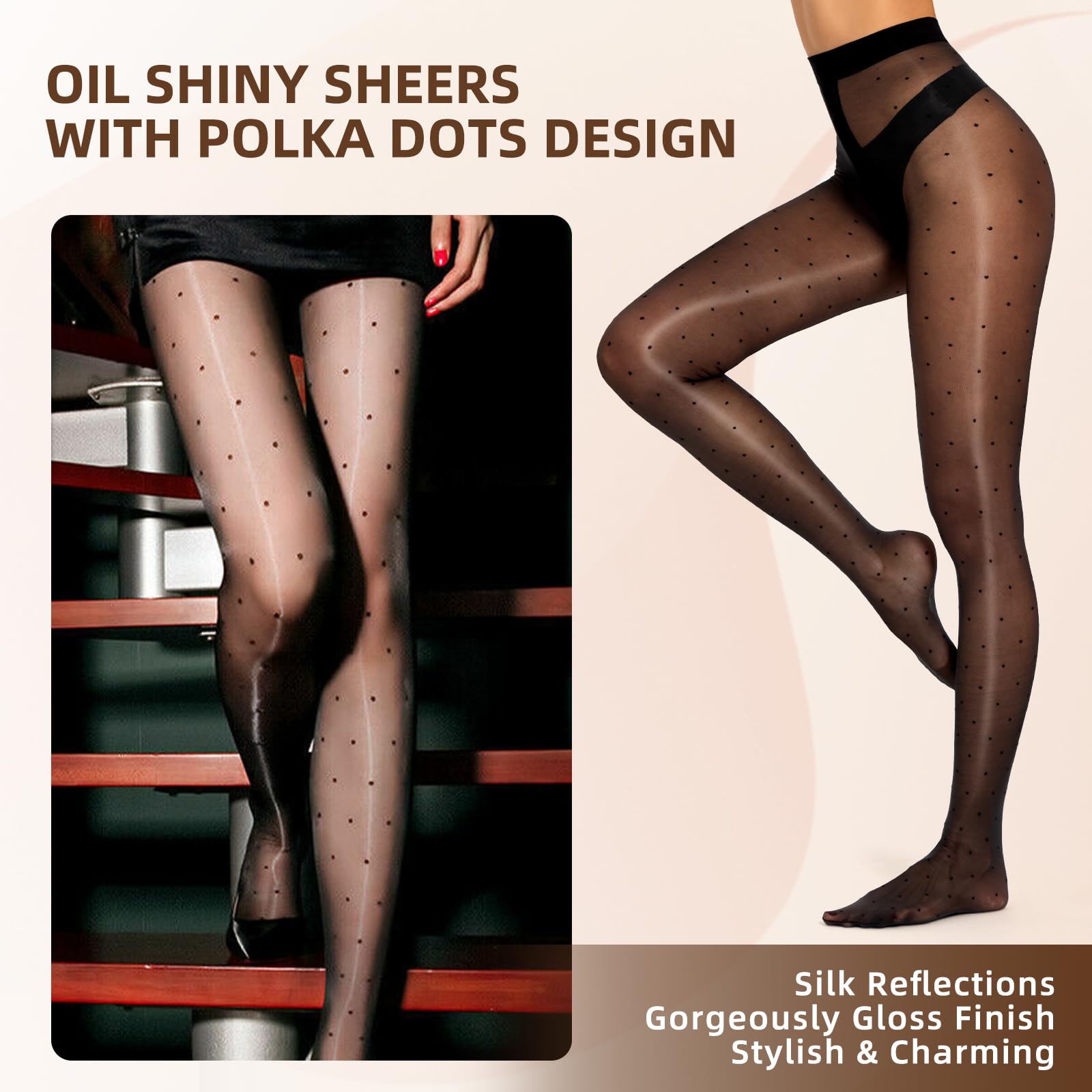 MANZI Women's Sheer Polka Dot Shimmery Tights - Shiny Dotted Pantyhose, Cute Glossy Stockings for Party, Cosplay, Dance & Everyday Wear