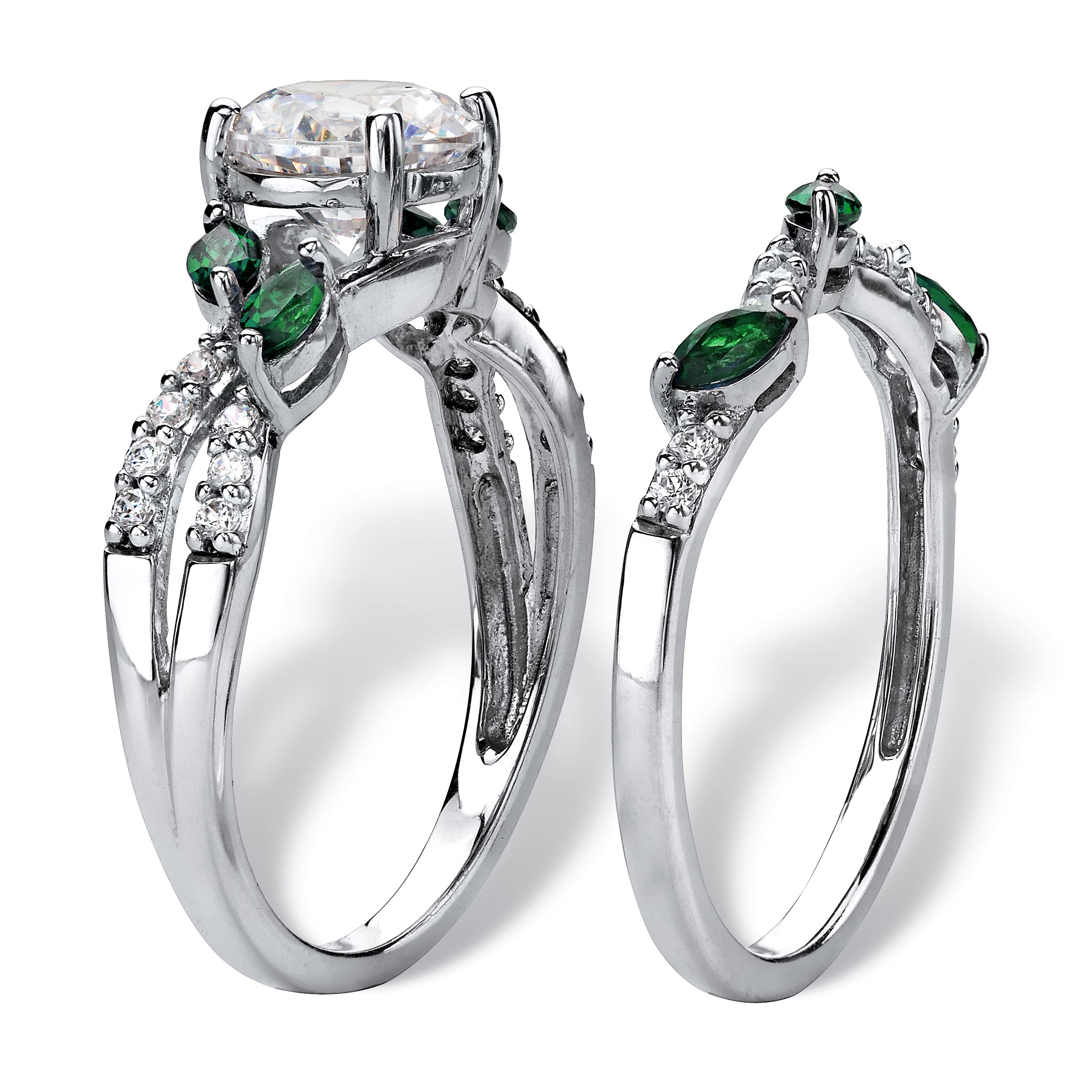 Platinum Over Sterling Silver Round Cubic Zirconia & Marquise Green Emerald Twisted Vine Bridal Ring Set - Elegant Wedding, Engagement, Anniversary Jewelry Gift for Women