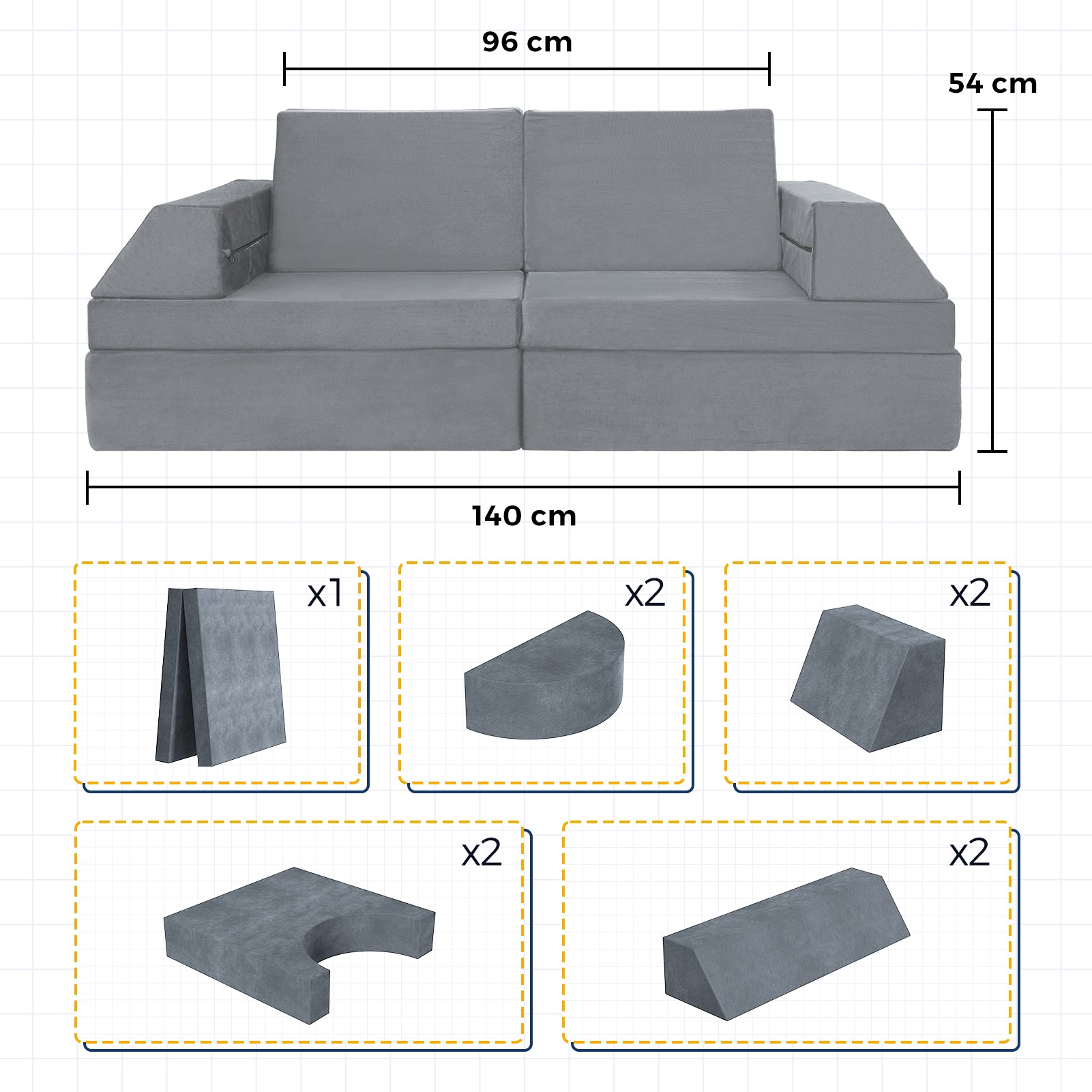 MAXYOYO 10-Piece Modular Convertible Kids Play Couch Sofa Set with Removable Soft Velvet Covers (Grey) - Perfect for Playrooms, Daycare Centers & Family Living Rooms