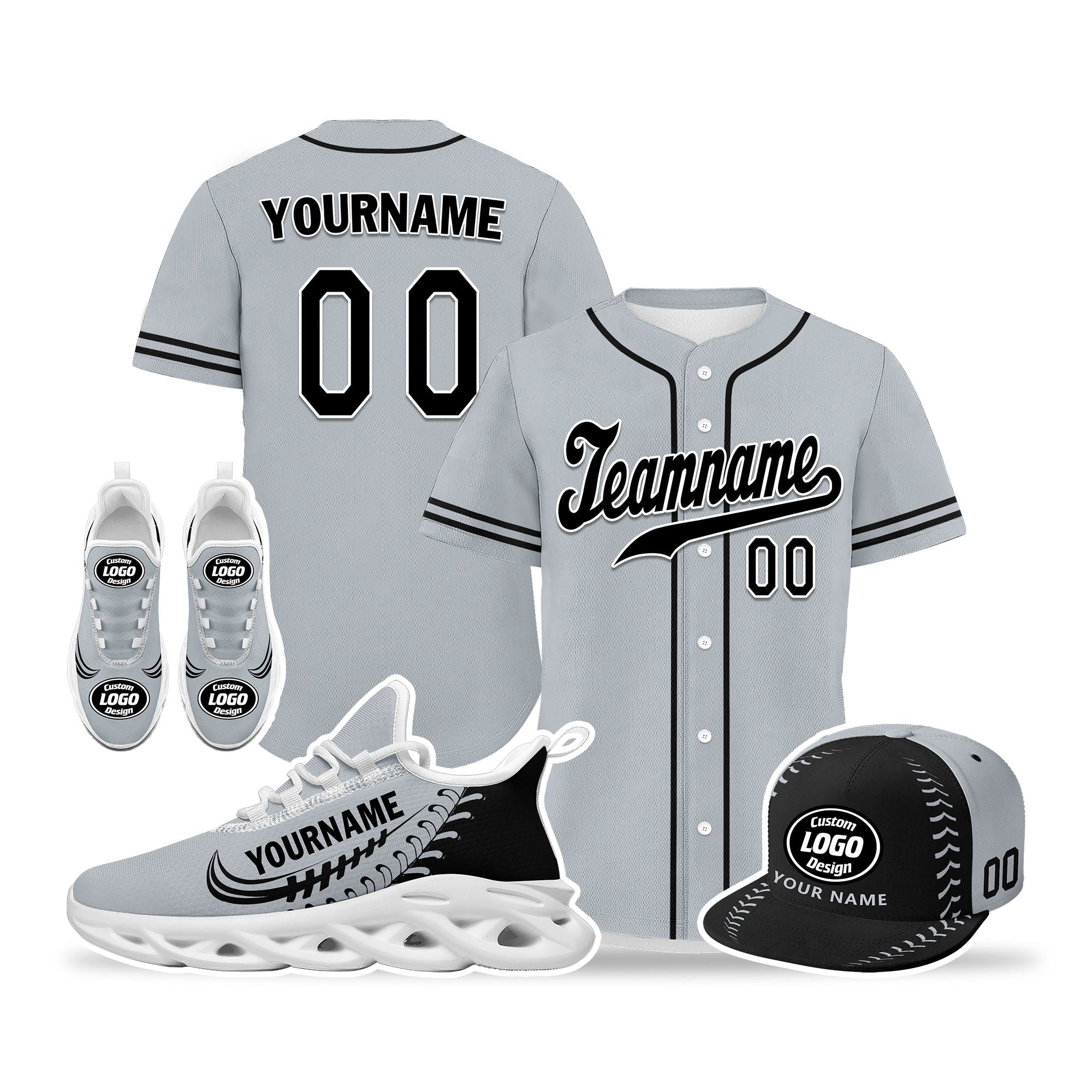 Custom Grey MaxSoul Jersey Shoes & Hat Combo - Personalized Sports Outfit for Men & Women | Perfect for Running, Gym Workouts & Streetwear Fashion