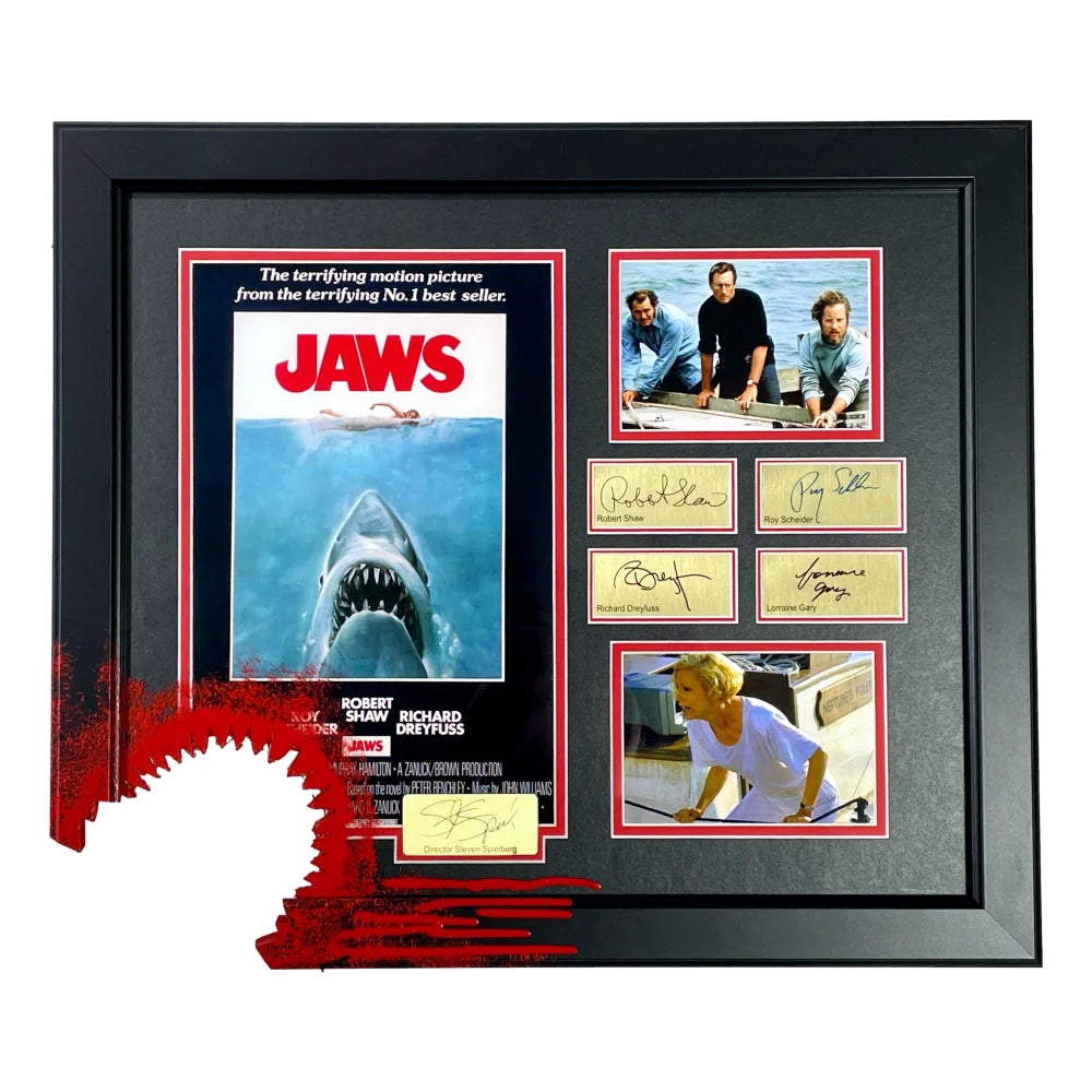 Jaws Bloody Shark Bite Framed Movie Poster - Authentic Facsimile Cast Signed Collage Photo - Perfect for Horror Movie Fans & Home Theater Decor