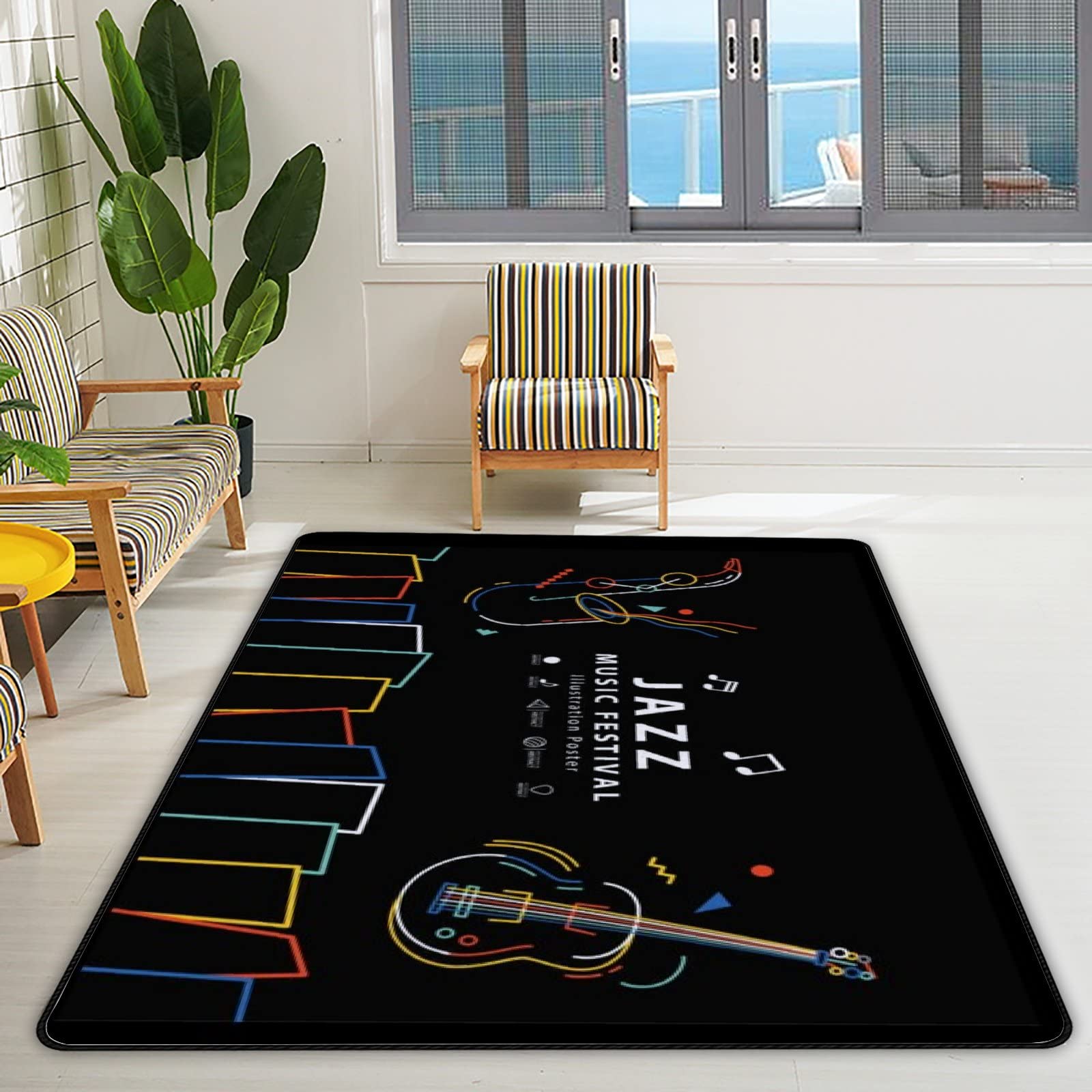 72x48in Large Non-Slip Area Rug with Jazz Music Design - Perfect for Living Room, Bedroom, Nursery, Playroom & Yoga Floor Mat - Soft & Durable Home Decor Carpet