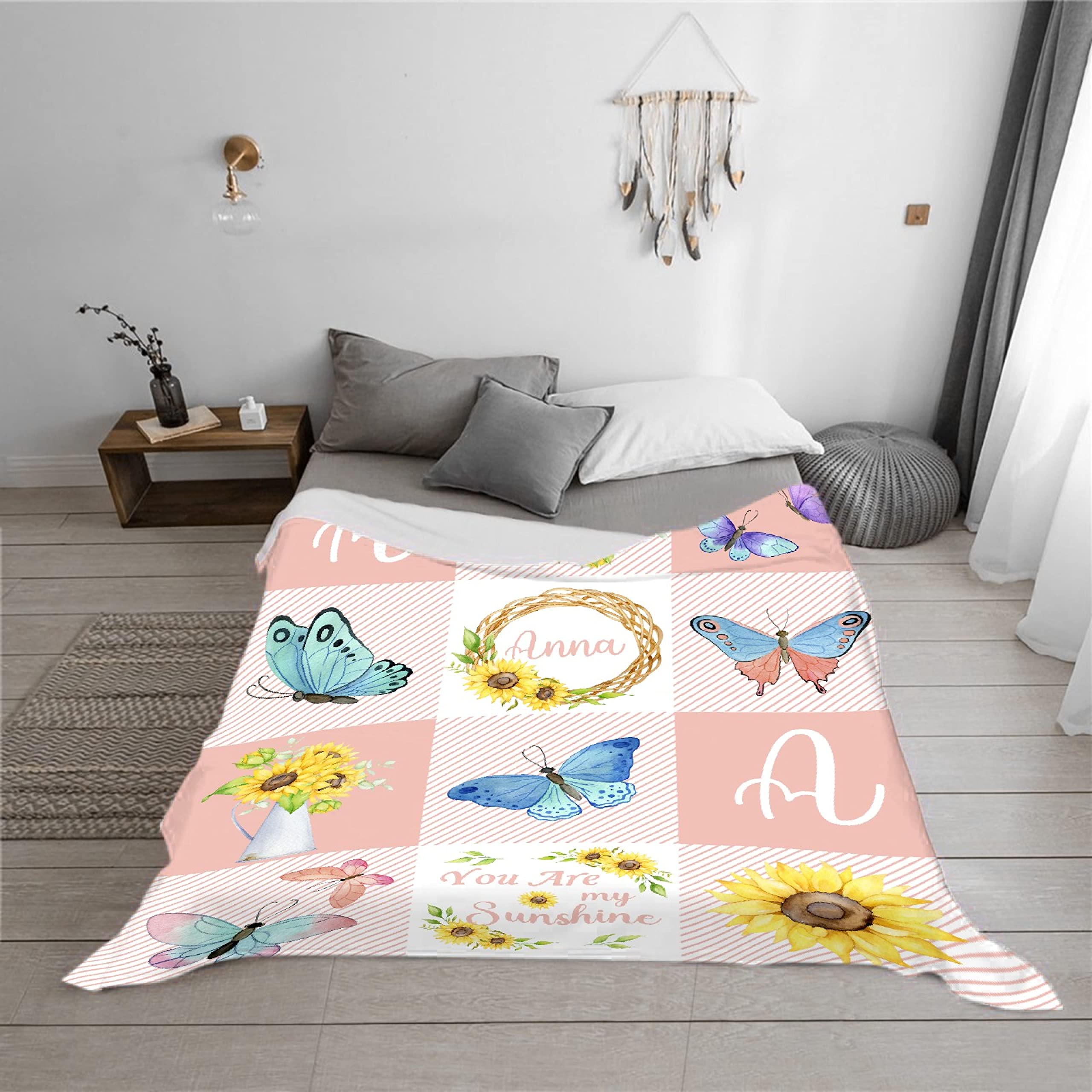 Personalized Baby Blankets for Girls & Boys - Custom Name Baby Blanket Gift | Soft Cozy Fleece Throw Quilt for Newborns & Toddlers | Sunflower Butterfly Design | XL Size for Nursery, Crib & Family Cuddles