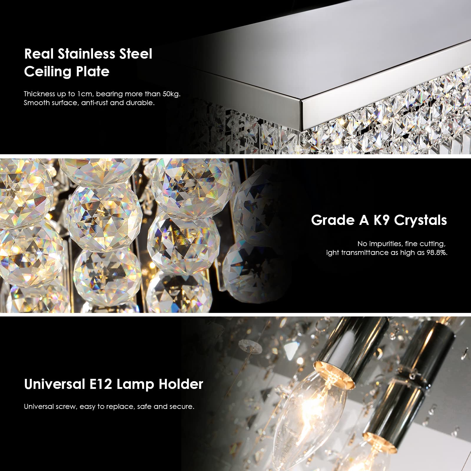 Siljoy Modern 6-Light Rectangular Crystal Chandelier - K9 Crystal Raindrop Flush Mount Ceiling Light Fixture (31.5