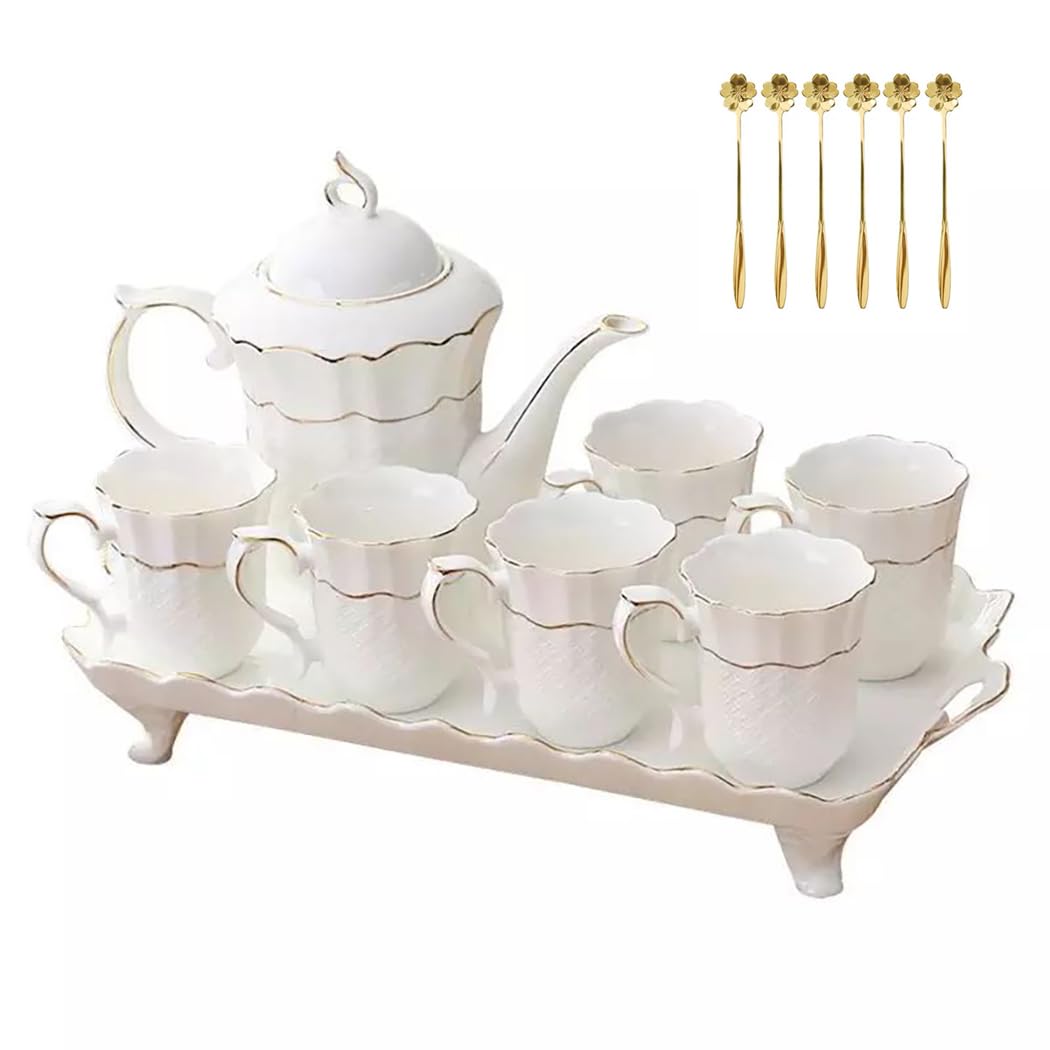 14-Piece Porcelain Tea Set with Gold Spoon - Elegant Ceramic Teapot, Coffee Cups & Tea Party Tray - Perfect for Afternoon Tea, Bridal Shower & Hostess Gift