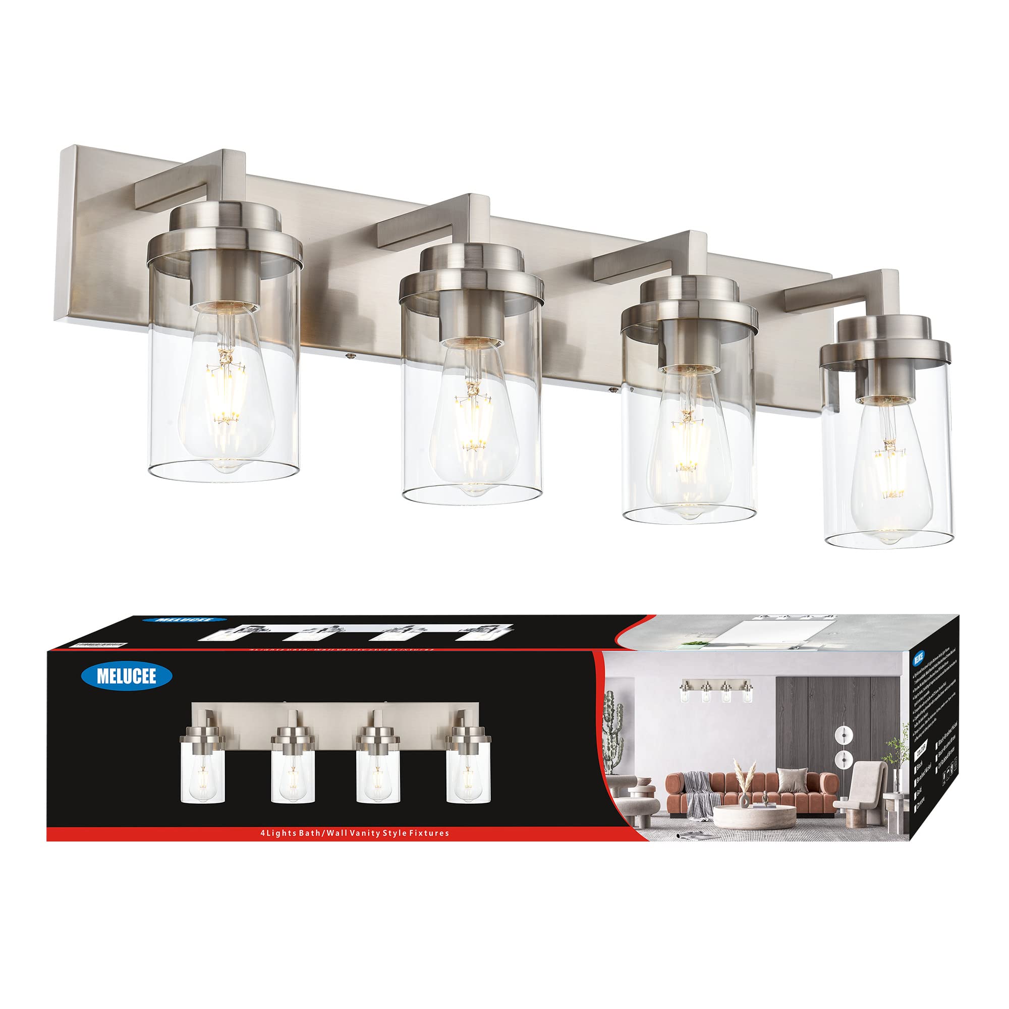 MELUCEE 4-Light Brushed Nickel Vanity Light - Modern Bathroom Mirror Lighting Fixture with Clear Glass Shade - Industrial Wall Sconce for Bathroom, Kitchen & Dresser Mirror (Perfect for Makeup Vanity, Powder Room & Cabinet Lighting)
