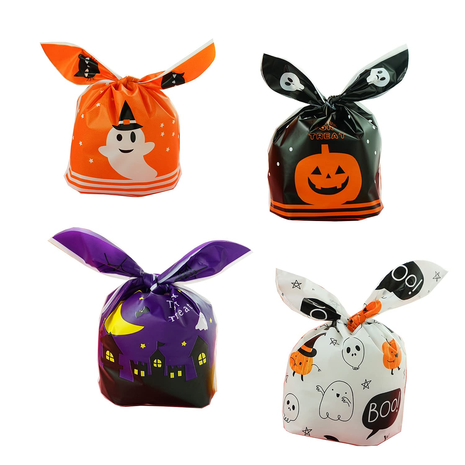 50Pcs Halloween Goodie Bags - Pumpkin & Ghost Design Treat Bags with Ear Ties for Candy, Cookies, Party Favors (Purple) | Perfect for Trick-or-Treat, Classroom Treats & Halloween Party Decorations
