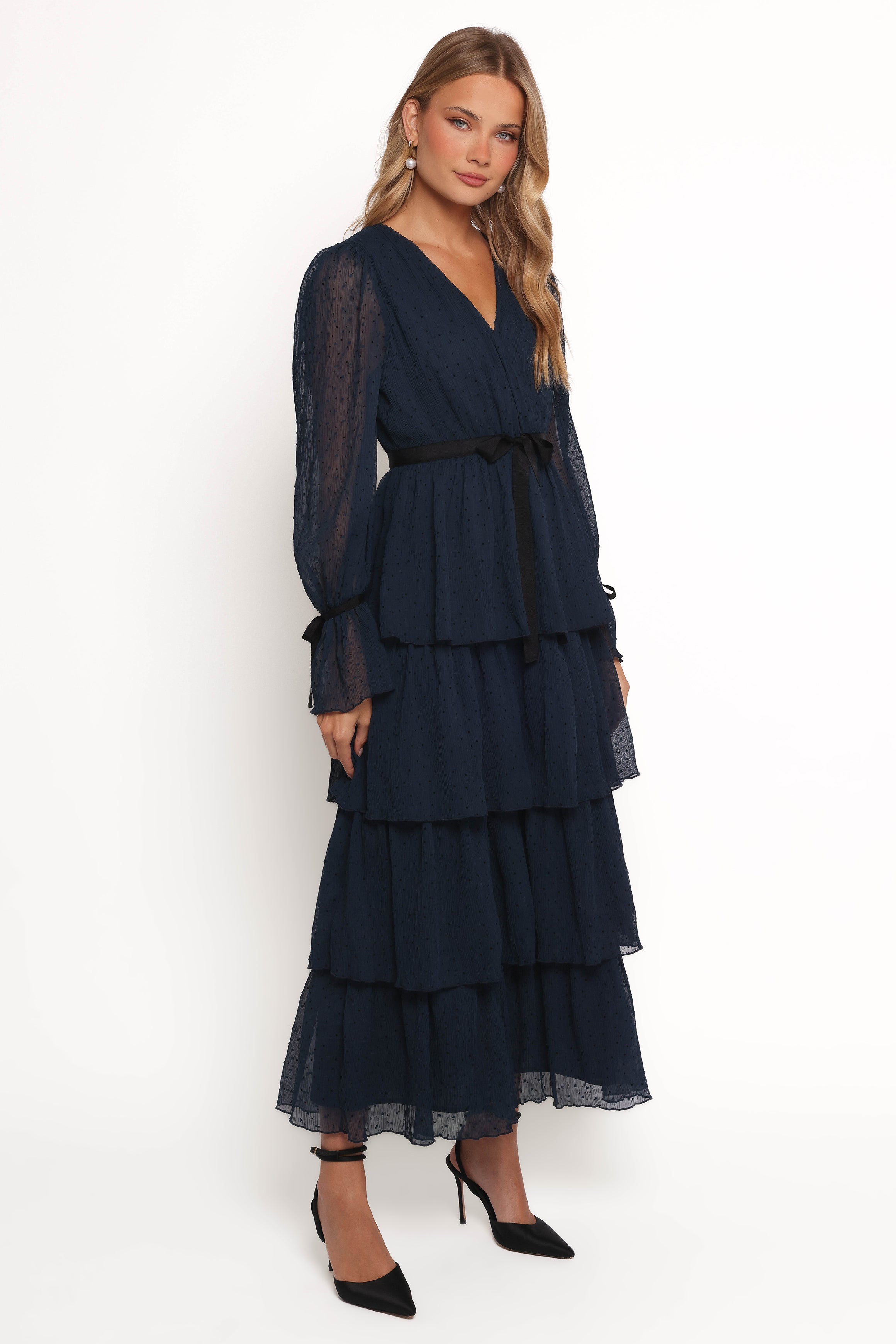 Antoinette Women's Long Sleeve Tiered Maxi Dress in Navy Blue - Elegant Boho Flowy Dress for Weddings, Parties & Special Occasions