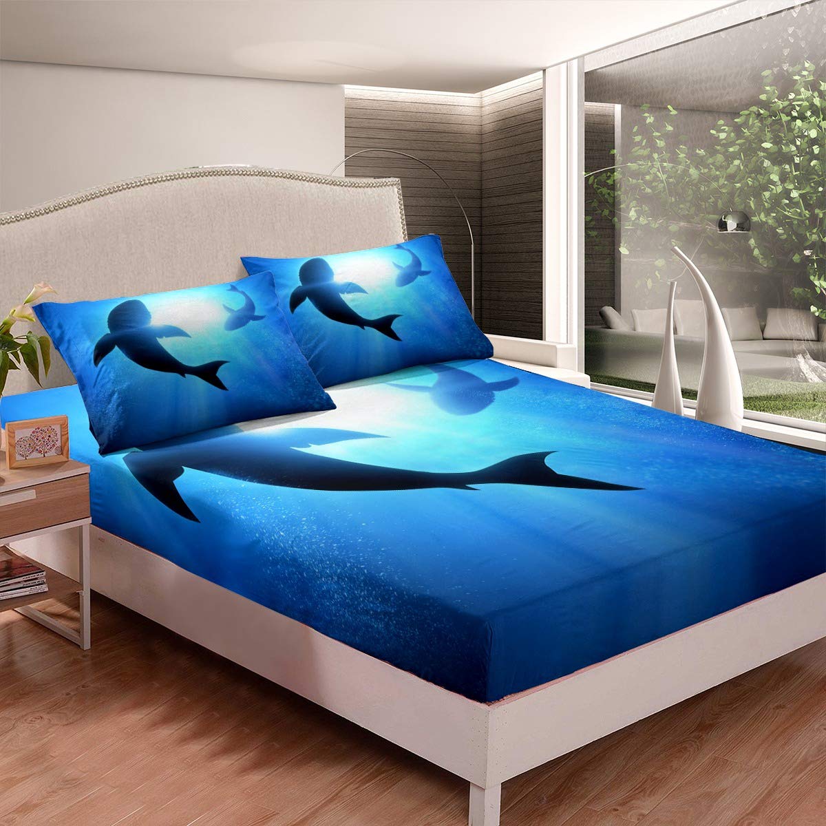 Sunshine Ocean Printed Deep Pocket Bed Sheet Set - Full Size 3D Dancing Whale Design for Boys & Girls - Soft Microfiber Blue Duvet Cover (1 Fitted Sheet + 2 Pillowcases) - Perfect for Kids' Bedrooms, Beach Themed Decor & Gift Giving