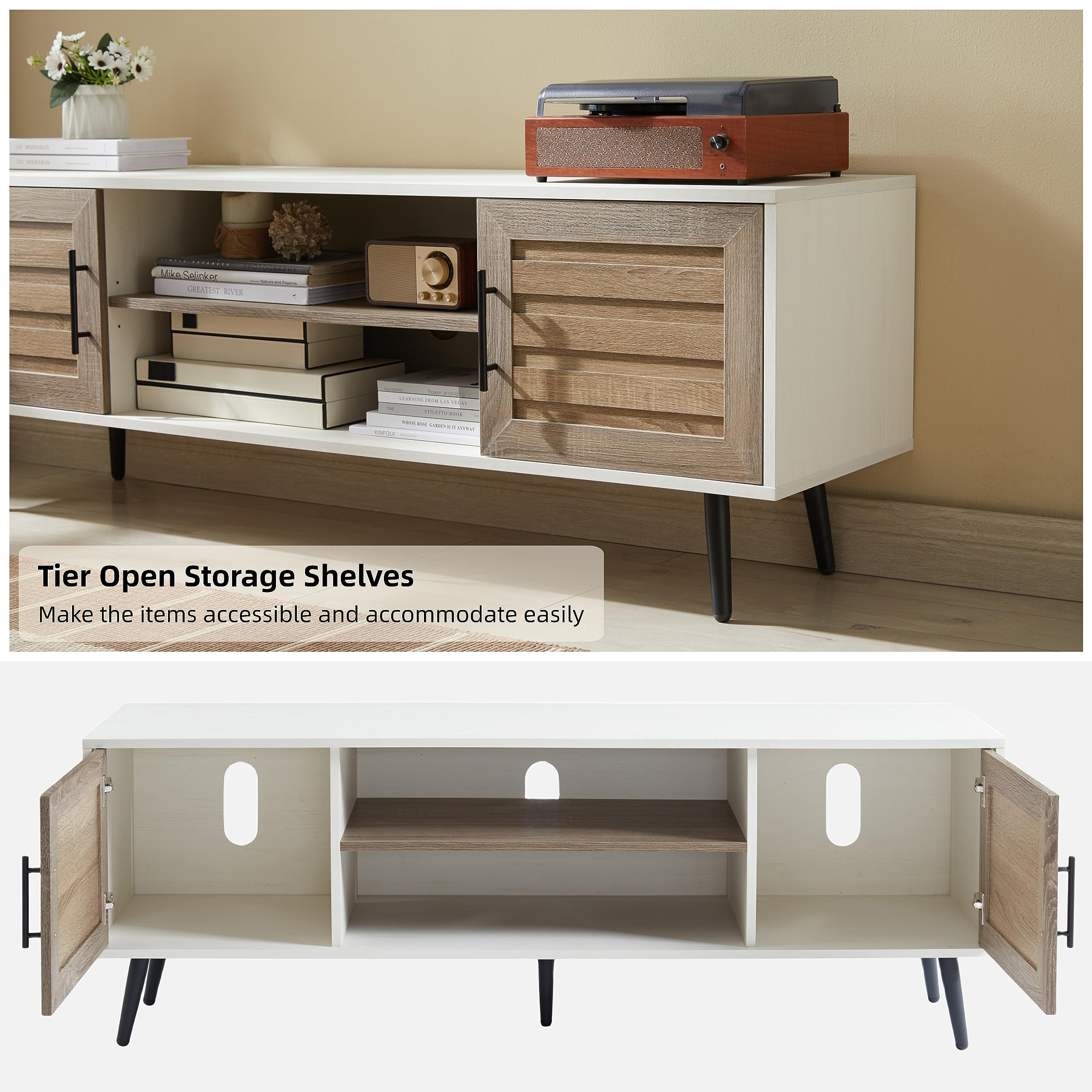 Mid Century Modern TV Stand for 65 Inch TVs - Wood Entertainment Center with Storage Cabinet & Open Shelves - White Walnut TV Console Table for Living Room, Bedroom & Home Theater