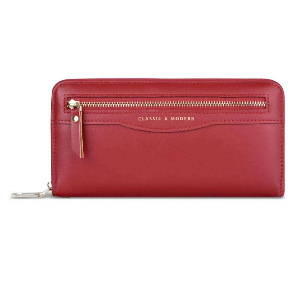 YBNGUAA Genuine Leather Women's Wallet with Zipper - Slim RFID Blocking Card Holder for Credit Cards, Cash, Coins & Receipts - Perfect for Travel, Work & Everyday Use (Red)