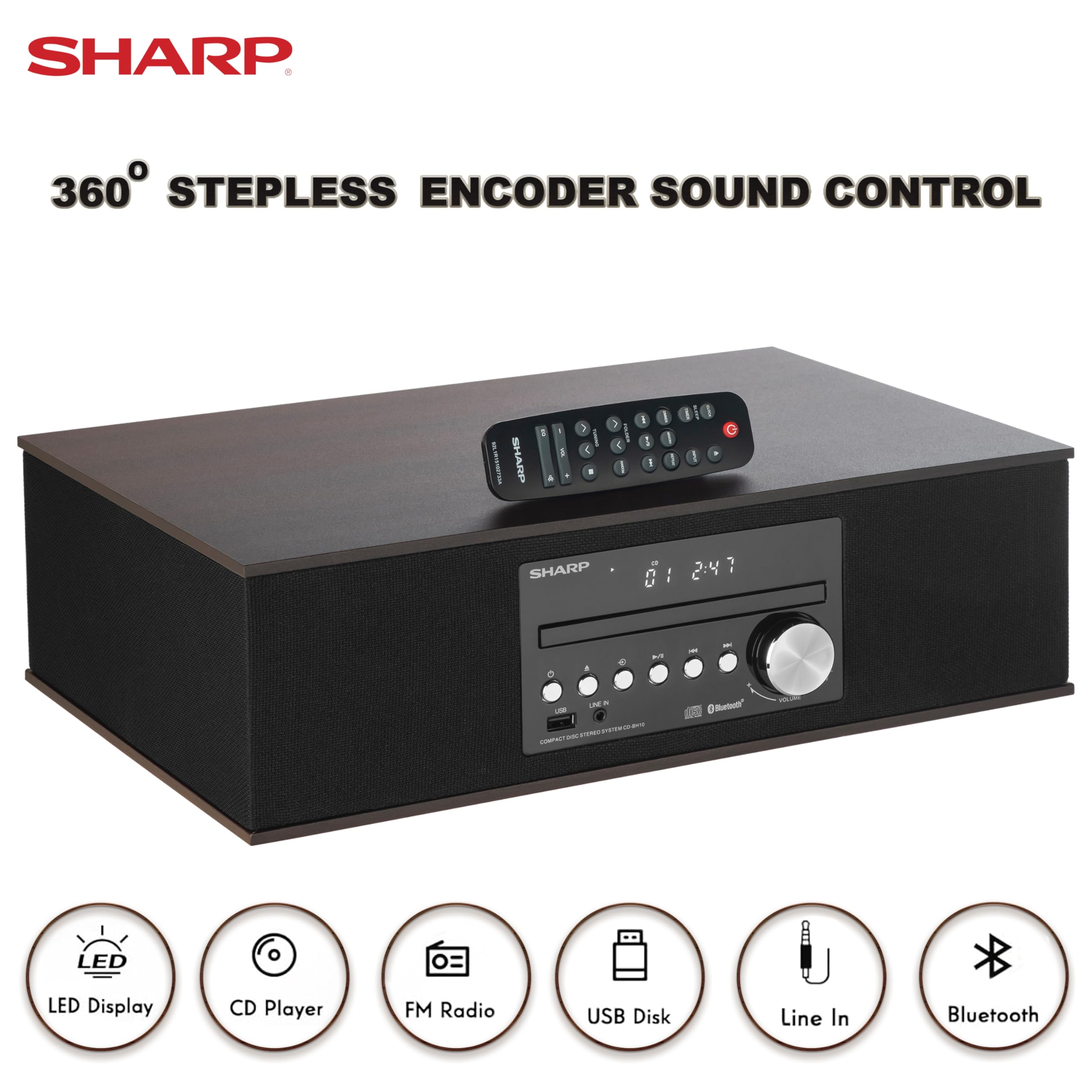 Vintage Style Retro Bluetooth CD Player with Wood Speakers - Sharp CD-BH10 Wireless Audio System | USB MP3 Playback, FM Stereo Tuner, AUX Input | Perfect for Home, Office & Retro Music Lovers