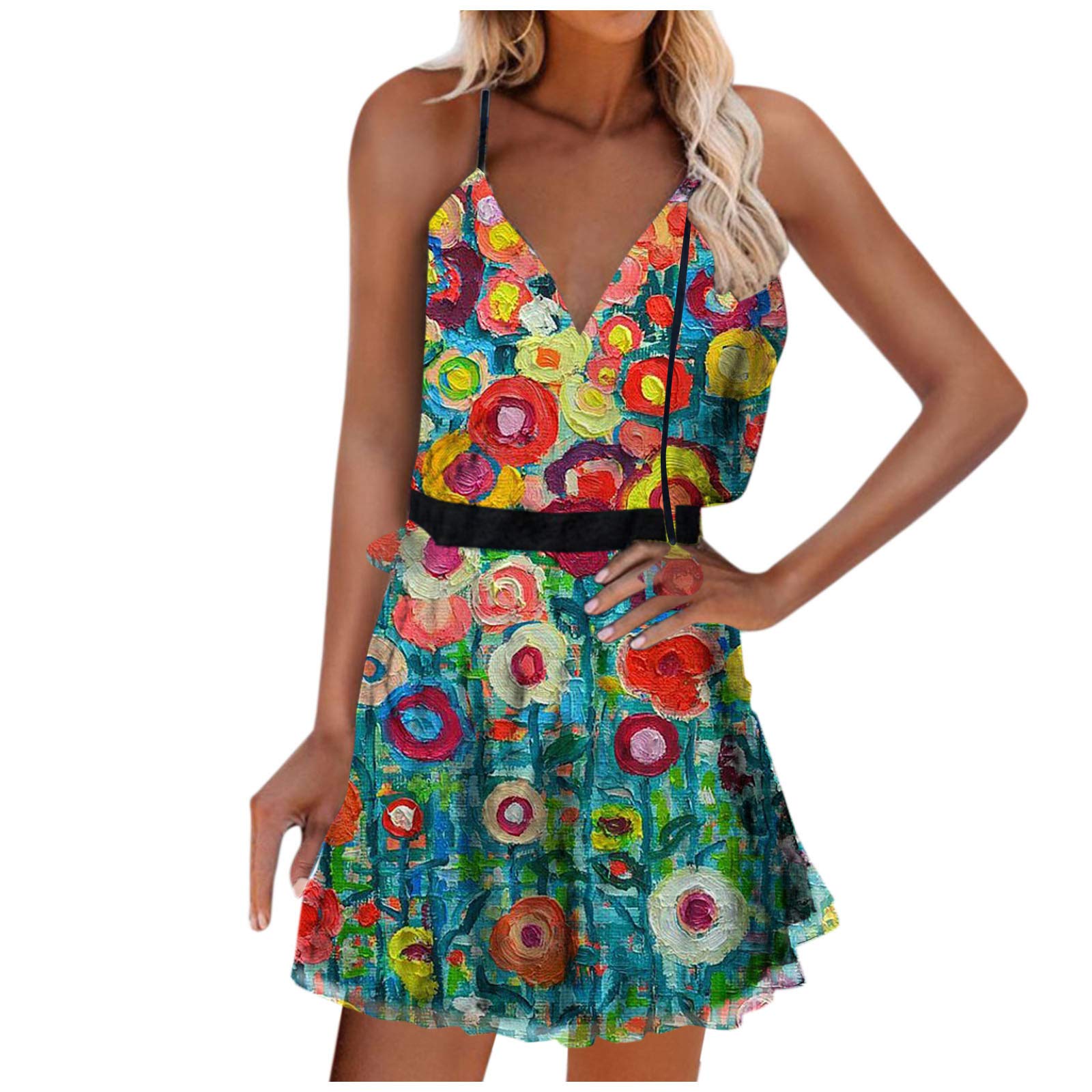 Usupdd Women's Floral Print V-Neck Sleeveless Ruffle Mini Dress - Boho Spaghetti Strap Sundress for Summer Beach Vacation & Date Night Outfits