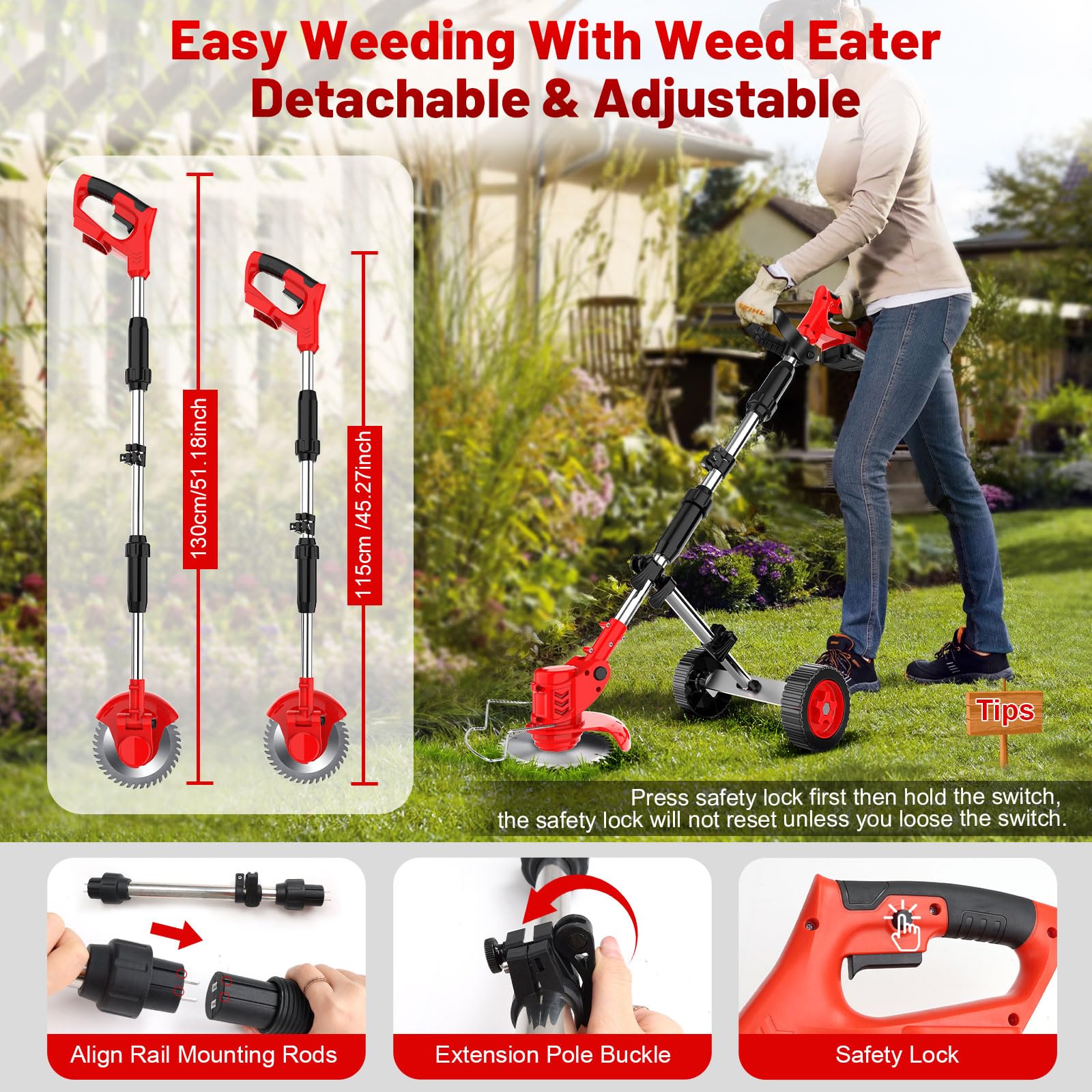21V 2000mAh Cordless Electric Weed Wacker with 2 Batteries & Charger - 3-in-1 Wheeled String Trimmer, Lawn Edger and Grass Cutter - Perfect for Backyard Maintenance, Garden Trimming and Landscape Edging