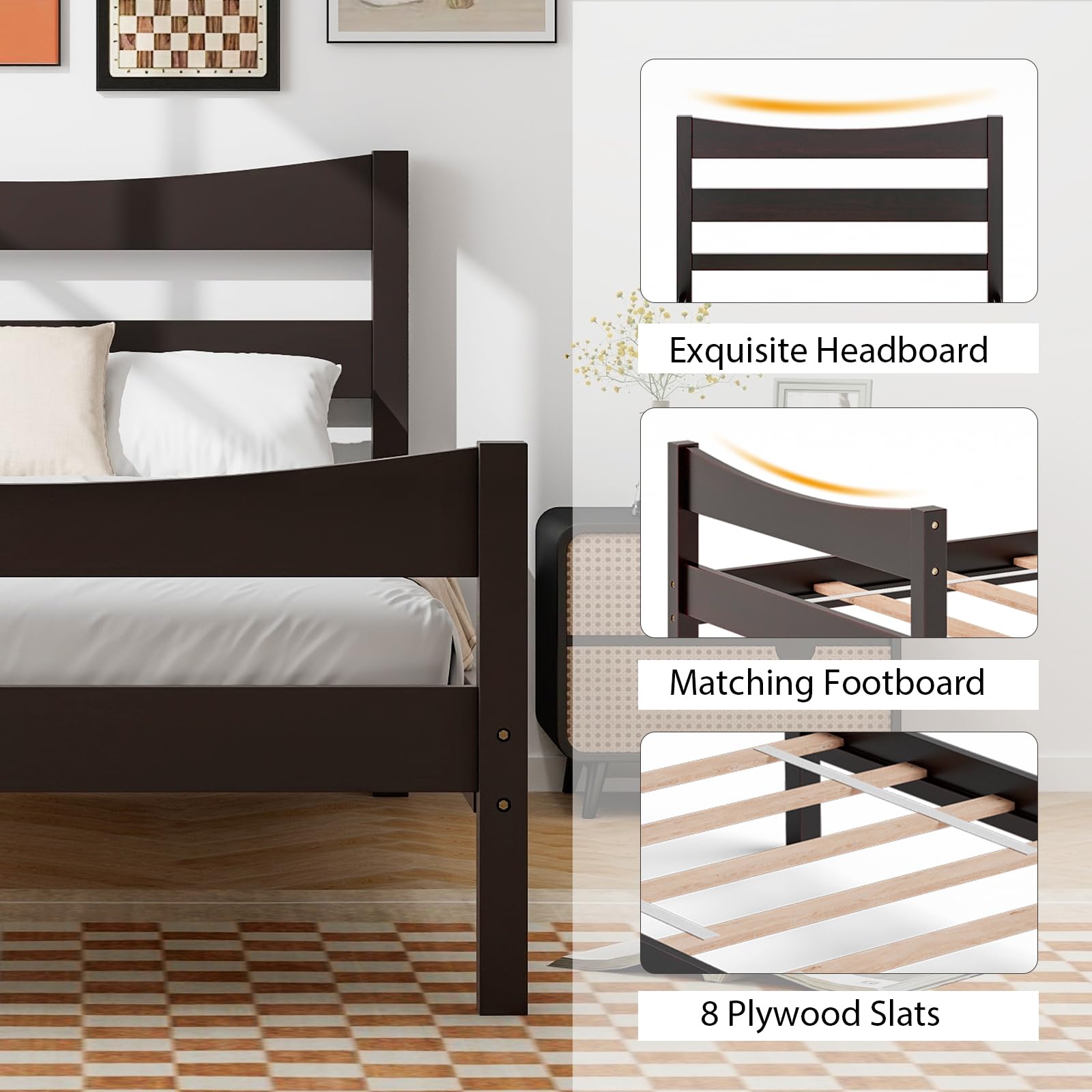 Giantex Solid Wood Twin Size Platform Bed Frame with Headboard & Footboard - Rustic Espresso Finish, No Box Spring Needed, Sturdy Wood Slat Support - Perfect for Kids' Bedroom, Guest Room & Small Spaces