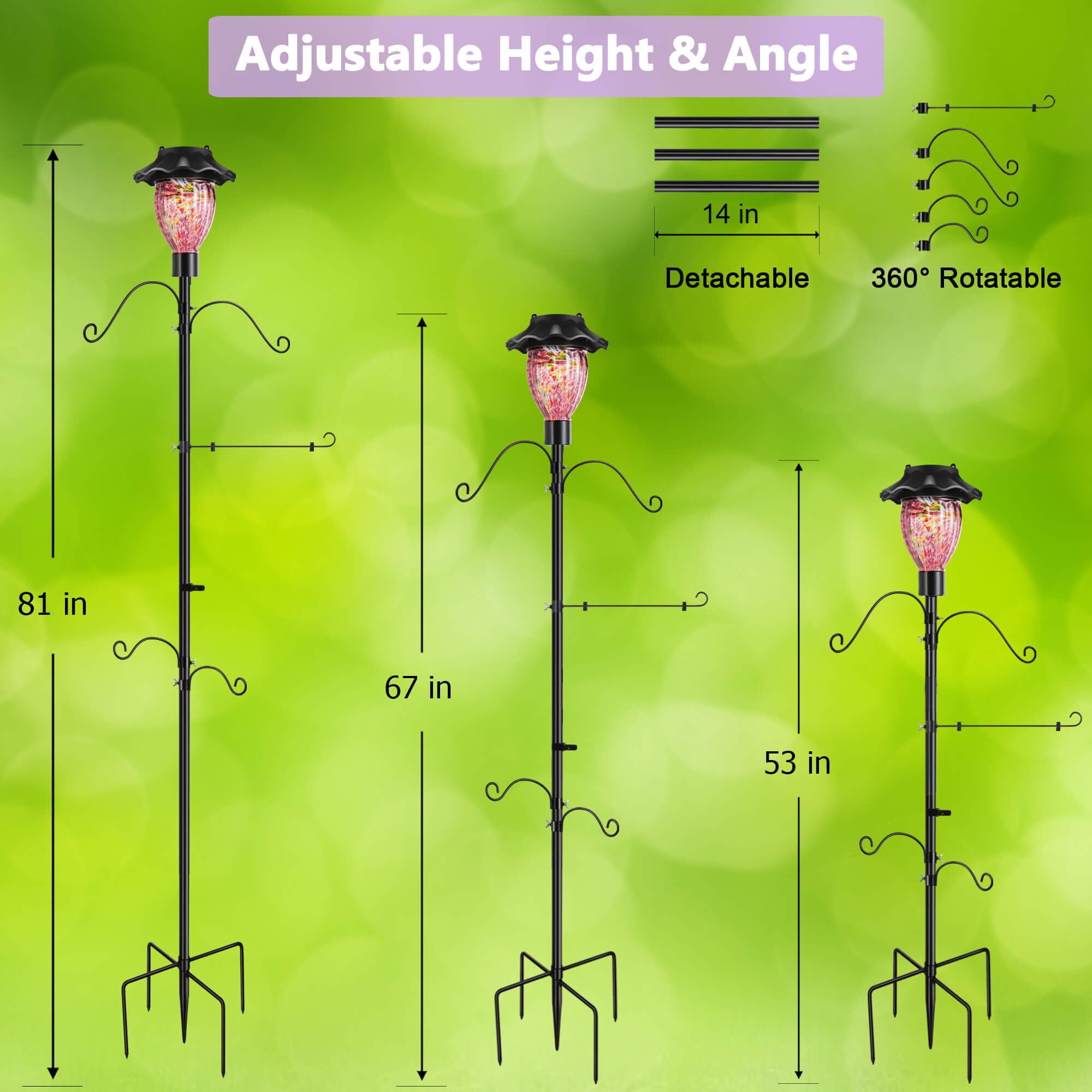 LUJII Solar Shepherd Hooks for Outdoor Garden Decor - Adjustable Bird Feeder Pole with 4 Hangers & Flag Holder - Perfect for Hummingbird Feeders, Wind Chimes, Plant Baskets & Lanterns (Purple) - Ideal for Backyard, Patio & Landscape Decoration