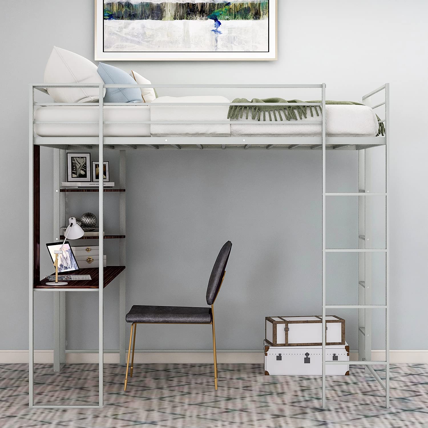 Harper & Bright Designs Twin Size Metal Loft Bed with Shelves & Desk - Sturdy Loft Bed Frame with Dual Ladders & Safety Rails for Kids, Teens & Adults - Space-Saving Study & Sleep Solution (No Box Spring Needed, Silver) - Perfect for Small Bedrooms, Dorms & Studio Apartments