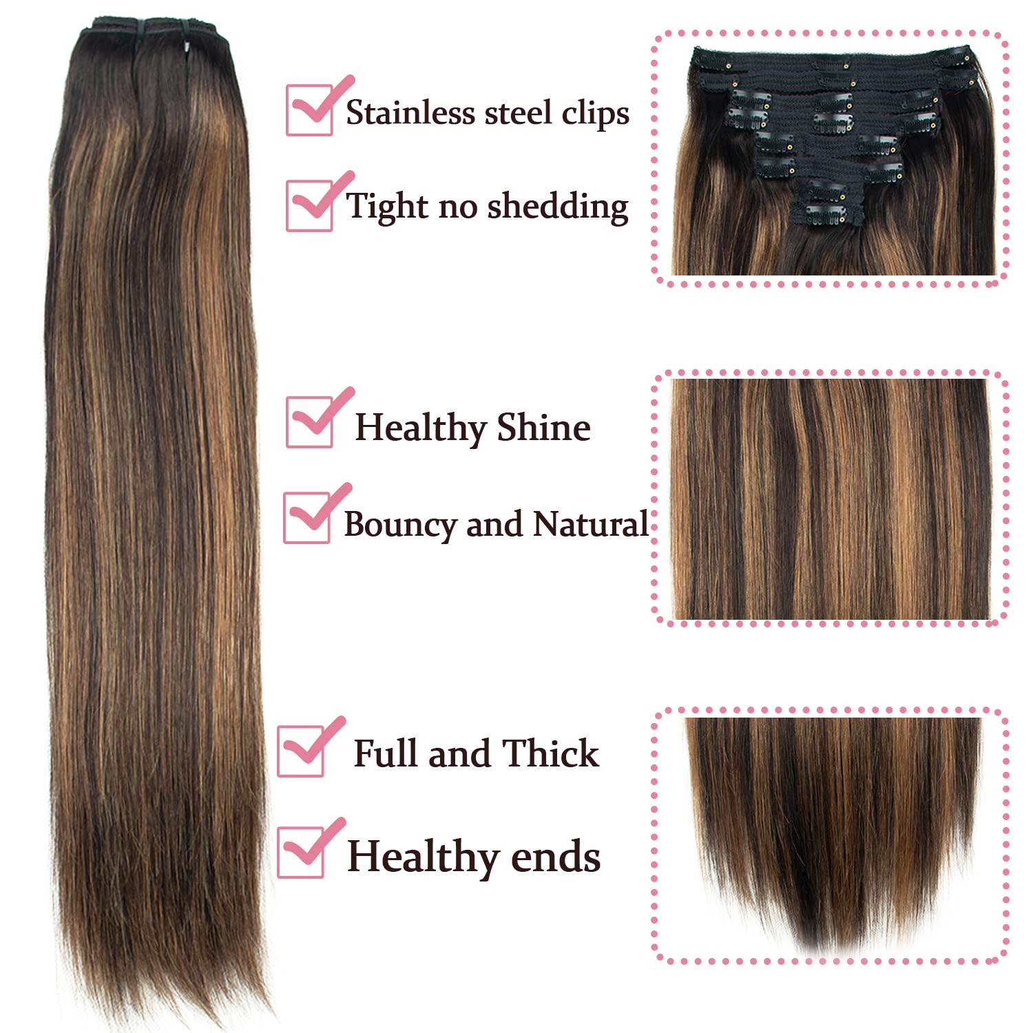 Natural Black to Chestnut Brown Balayage Ombre Clip-In Hair Extensions - 100% Real Human Hair, 8pcs 120g, 16 Inch, Straight (#1B/6/1B) | Seamless Invisible Clip-ons for Volume & Length | Perfect for Parties, Weddings & Daily Styling