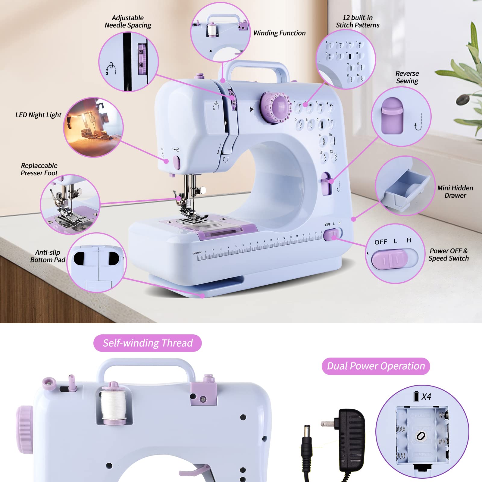 Mini Sewing Machine for Beginners & Kids - 12 Stitches with Accessories for Home DIY Projects