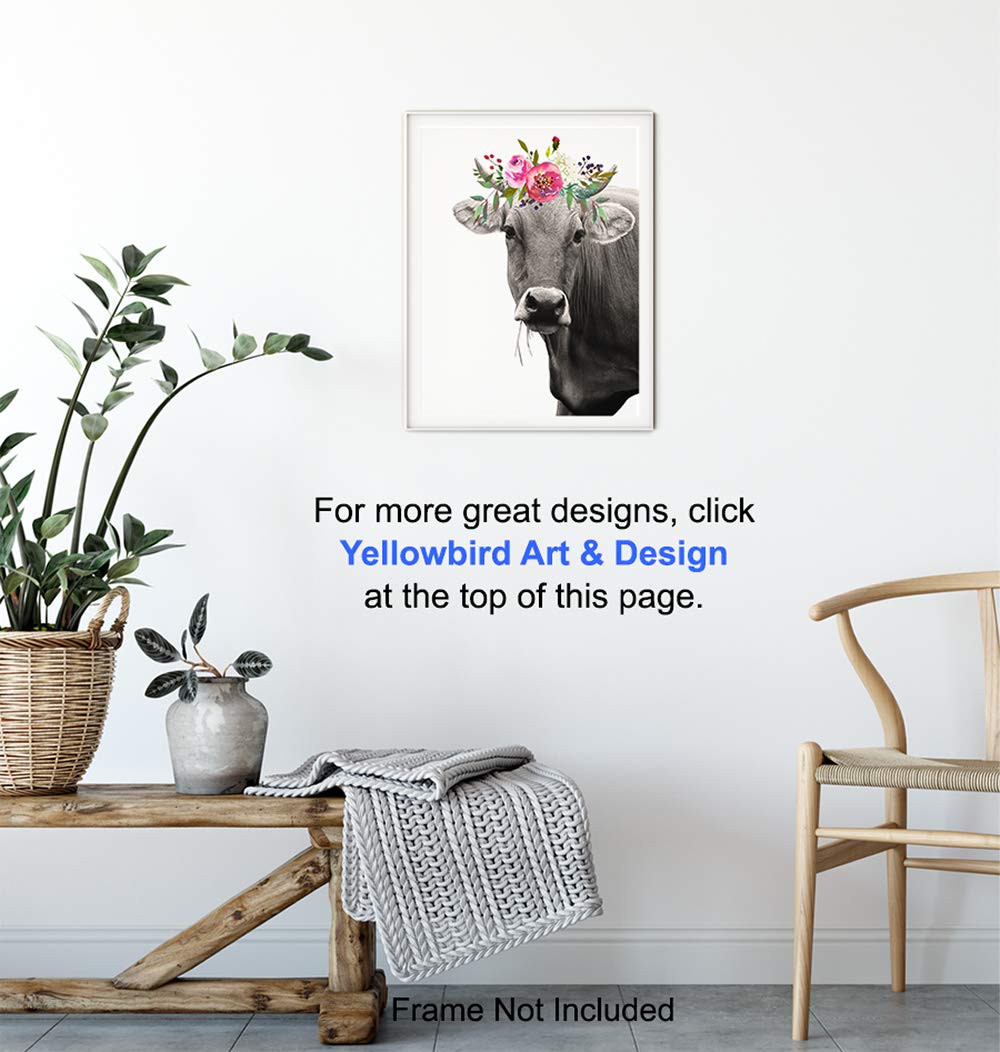 Farmhouse Cow Wall Art with Flowers - Rustic Home Decor for Bathroom, Bedroom, Kitchen, Dining & Living Room - Unframed Picture Poster - Perfect Gift for Women & Farmhouse Lovers - Ideal for Country Style Home Decor