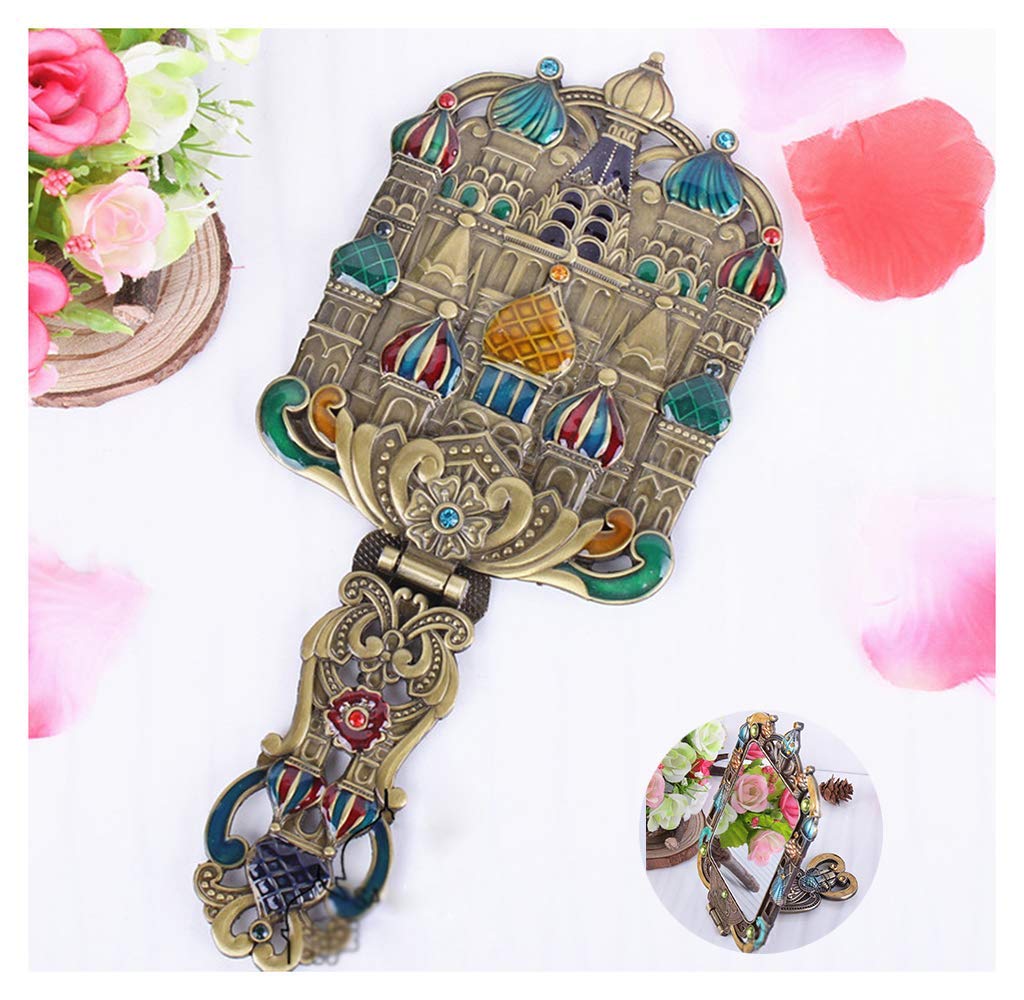Vintage Handheld Makeup Mirror with Rhinestone Carving - Portable Vanity Mirror for Women, Travel & Home Use - Creative Multicolor Design