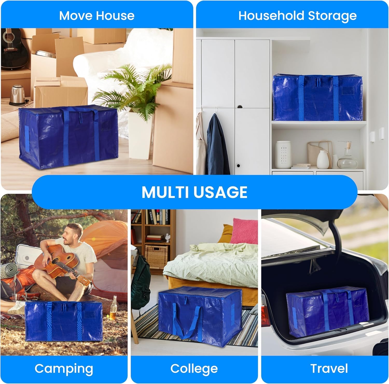 6 Pack Heavy Duty Moving Bags with Zippers & Wraparound Handles - Durable Storage Bags for Packing, Travel, Camping & Home Organization - Space Saving Solution for Moving & Storage Needs