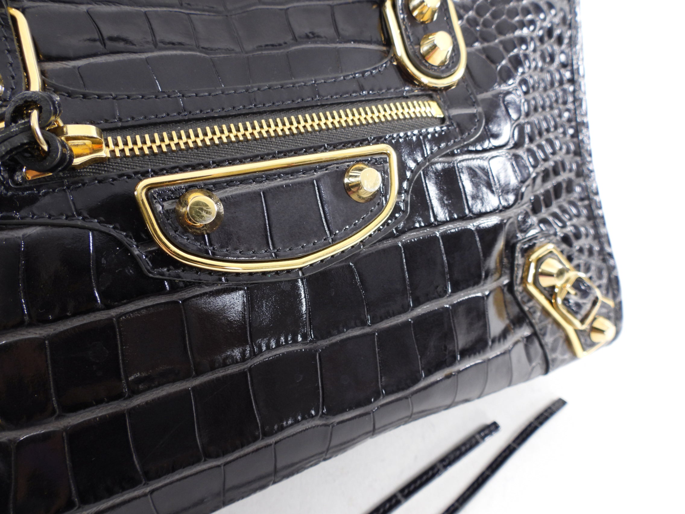 Balenciaga Dark Grey Croc Embossed Small Metallic Edge City Bag - Luxury Designer Handbag for Women, Perfect for Everyday Use & Night Out