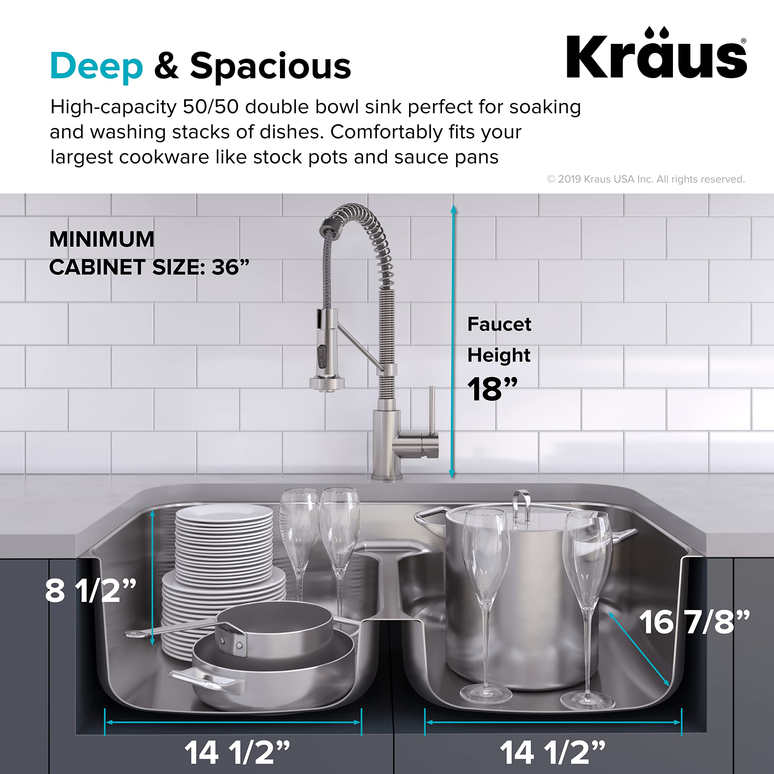 KRAUS KCA-1200 33-inch 16 Gauge Undermount Stainless Steel Kitchen Sink with 18-inch Pull-Down Commercial Style Faucet, Spot Free Finish - Perfect for Modern Home Kitchens and Restaurant-Style Cooking Spaces
