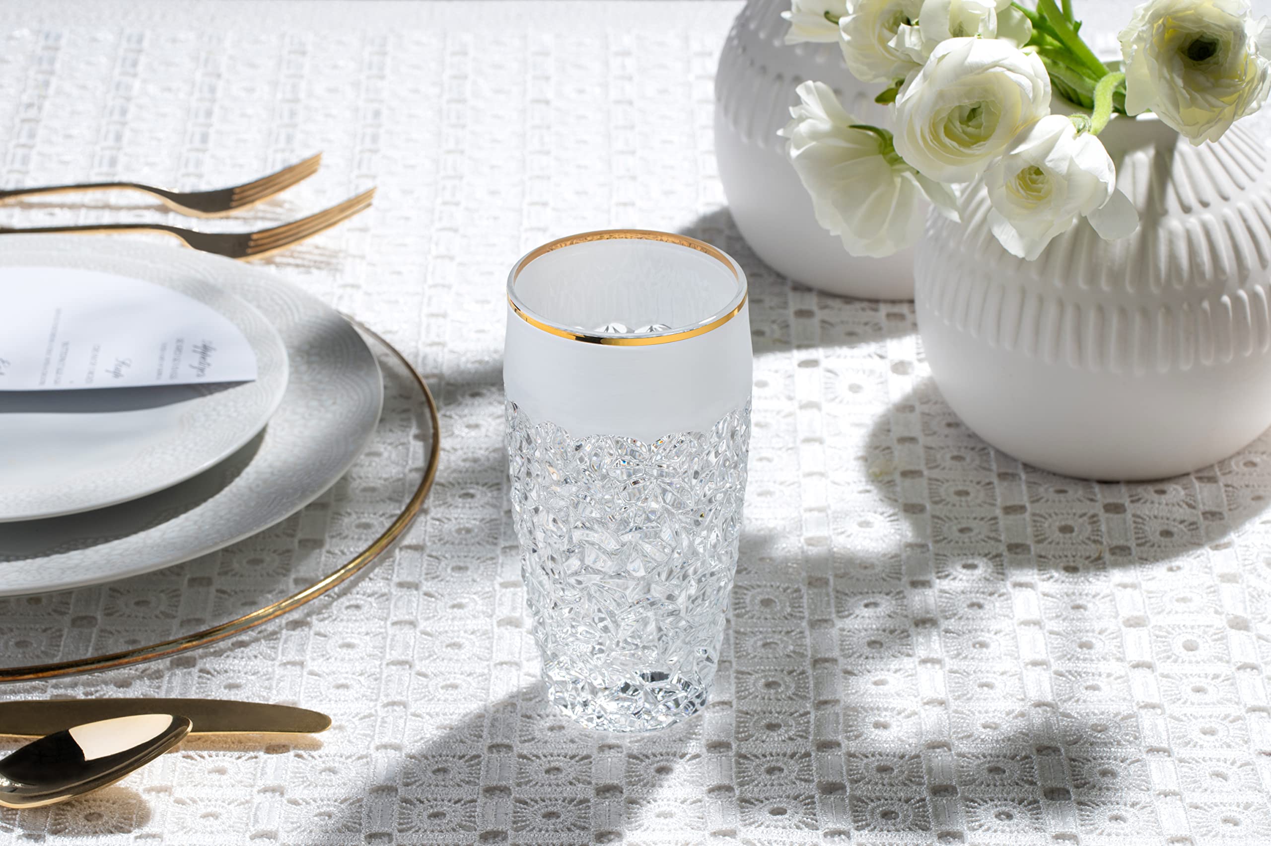 Premium European Crystal Glass Set of 6 - 16 oz Highball Tumblers with Elegant Raindrop Design, Frosted Border & Gold Rim - Made in Europe - Perfect for Cocktails, Iced Coffee & Home Bar Decor