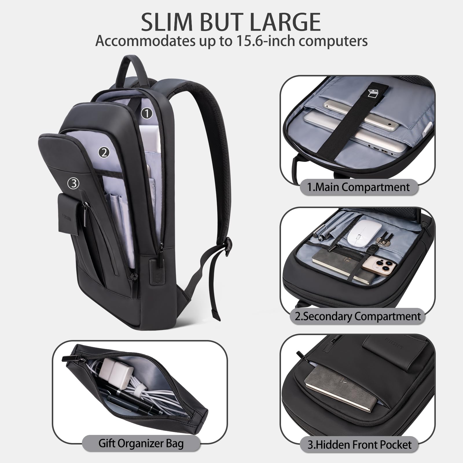 Slim Lightweight Water Resistant Business Laptop Backpack for Men - Small Office Backpack for Commuting, Travel & Daily Work with Bonus Small Bag | Perfect for Professionals, Students & Digital Nomads