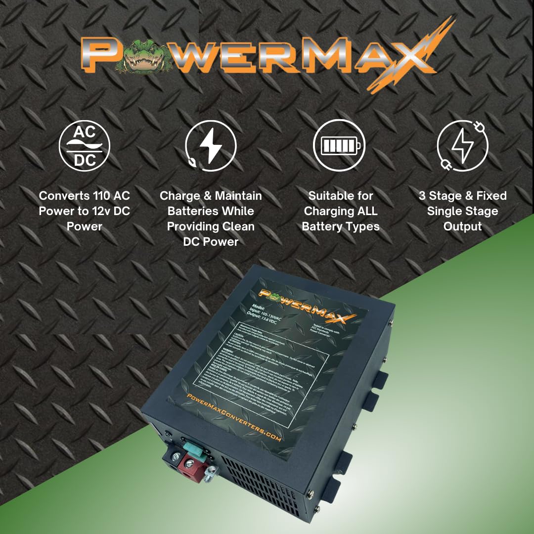 PowerMax PM3-45 45A Power Supply & Battery Charger - 110/120V AC to 0-12V DC Converter with 3-Stage Smart Charging, Cooling Fan & LED Indicator - Compatible with Lithium Batteries - Perfect for RV, Marine, Solar & Off-Grid Power Systems