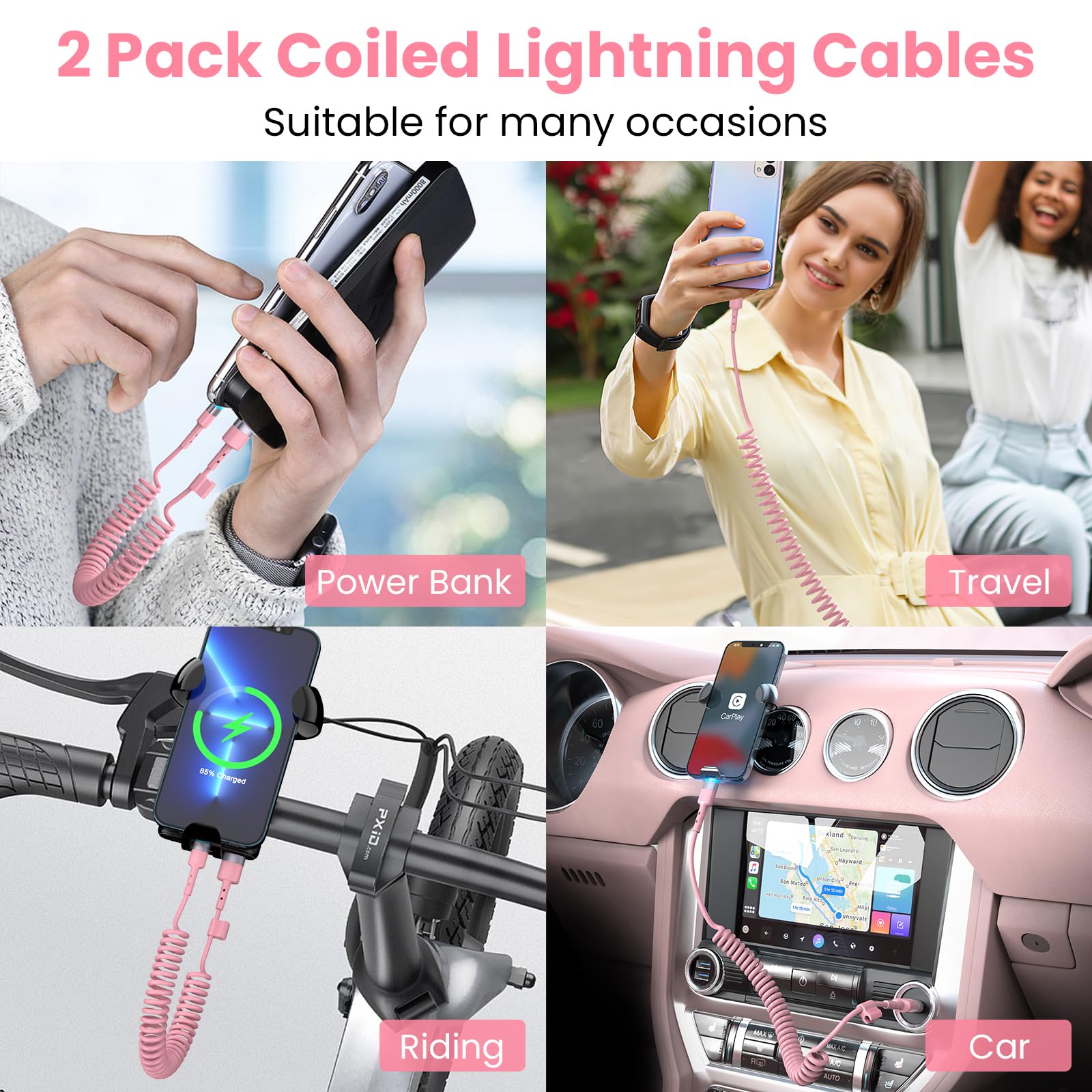 2-Pack Pink Coiled iPhone Charger 3FT - MFi Certified USB to Lightning Cable for Apple CarPlay, Cute Short Charging Cord - Perfect for Car, Home & Travel Accessories (Pink)