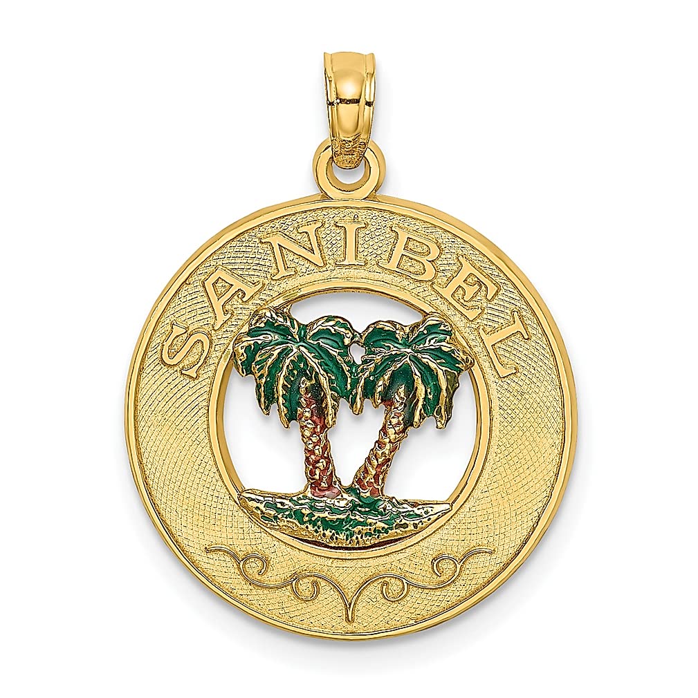 14K Yellow Gold Sanibel Circle Enameled Palm Tree Charm Necklace - Tropical Beach Jewelry Pendant for Women - Perfect Travel Souvenir & Vacation Gift for Her - Ideal for Beach Weddings, Summer Vacations and Island Getaways