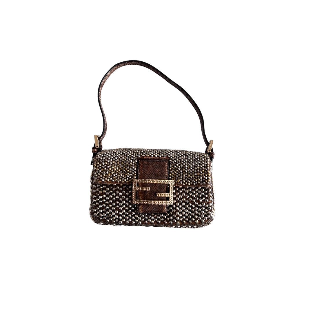 Fendi Silver Beaded Mini Baguette Bag - Luxury Crossbody Purse for Women | Perfect for Parties, Weddings & Evening Events