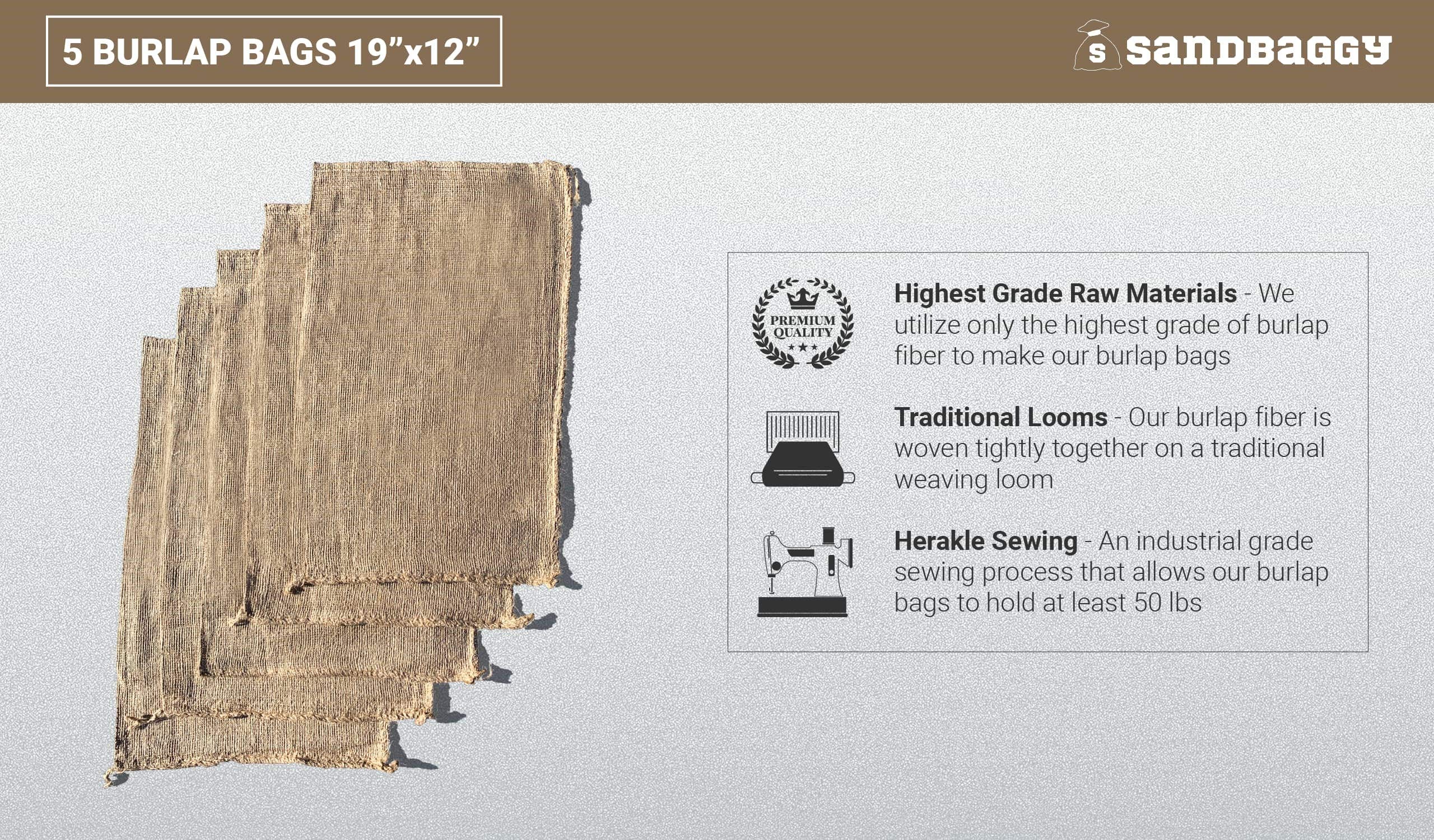 12x19 Inch Small Burlap Sand Bags - 100% Biodegradable Natural Jute Gift Bags for Weddings, Crafts & DIY Projects - Wholesale Bulk Pack of 5 Eco-Friendly Sandbaggy Bags - Perfect for Party Favors, Home Decor & Garden Use
