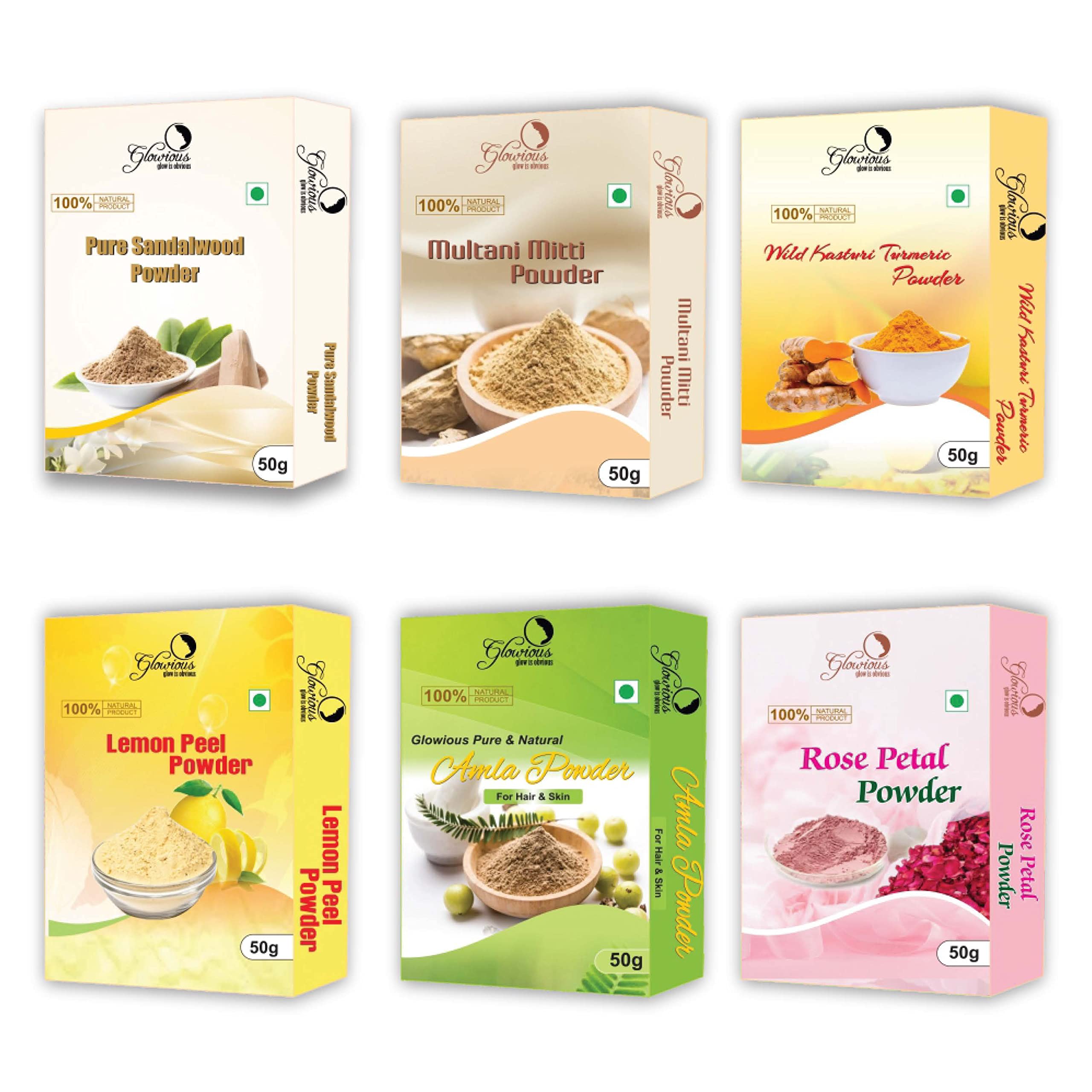 Glowious Organic Skin Care Combo Pack - 6 Natural Facial Powders (Sandalwood, Rose Petal, Multani Mitti, Kasturi Turmeric, Lemon Peel & Amla), 300g (50gx6) | Brightening, Deep Cleansing, Glowing Skin Treatment | DIY Face Mask, Ayurvedic Beauty Routine, Spa Day at Home