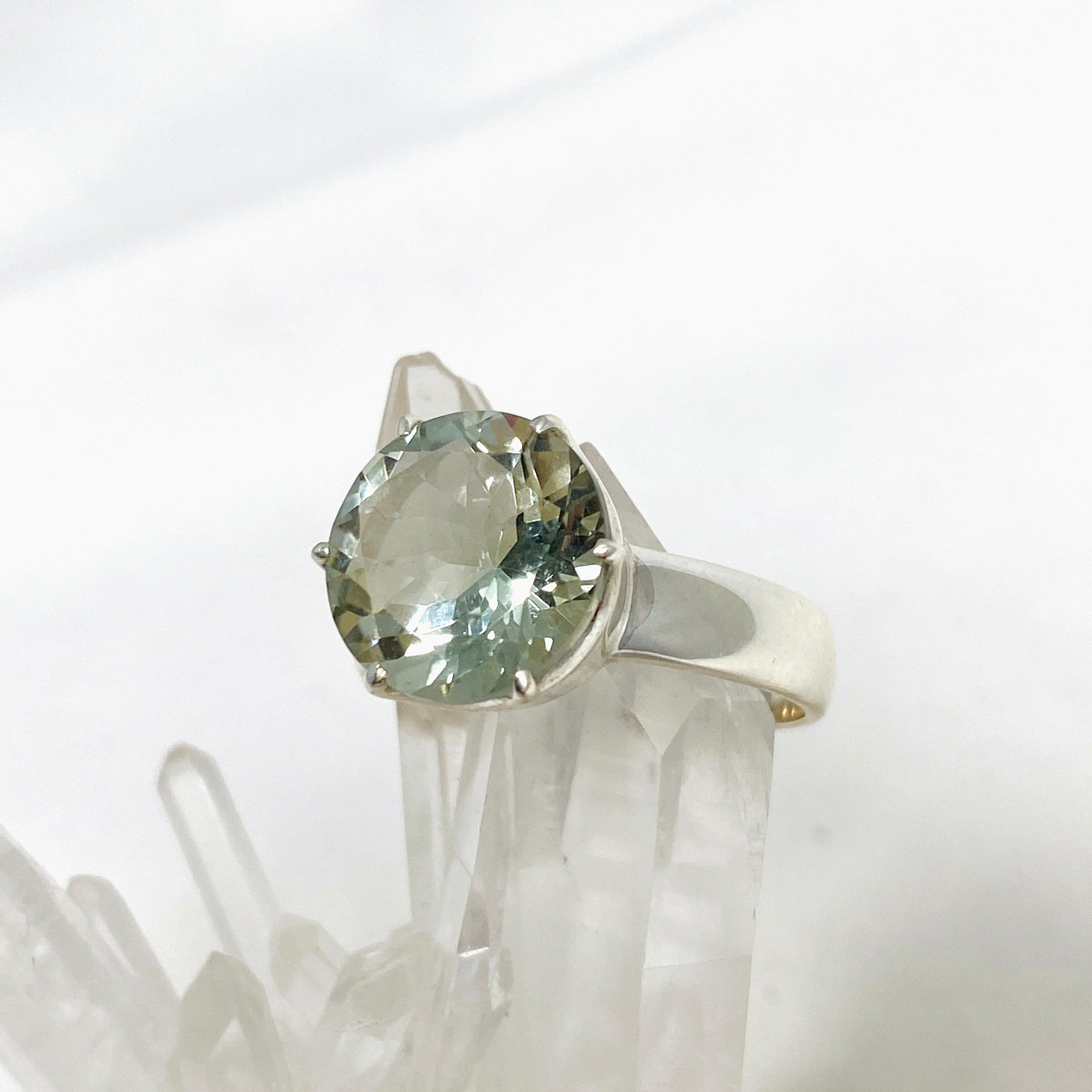 Natural Prasiolite (Green Amethyst) Faceted Round Ring - Size 12 - PRGJ415 - Perfect for Engagement, Wedding & Special Occasions