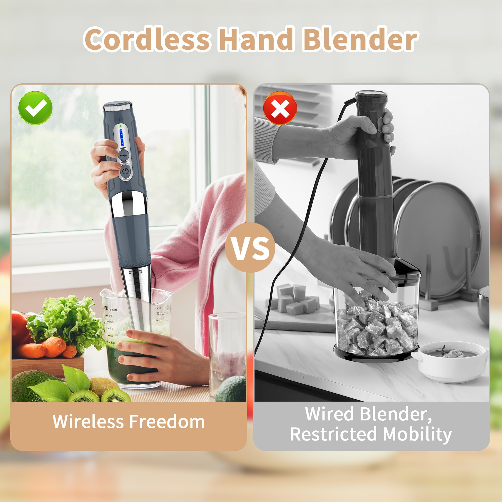 4-in-1 Cordless Immersion Blender - 21 Speed Rechargeable Hand Blender with 700ml Chopper, Beaker, Egg Whisk & Beater - Perfect for Smoothies, Soup, Baby Food & Baking - Adjustable 3-Angle Design (Grey)