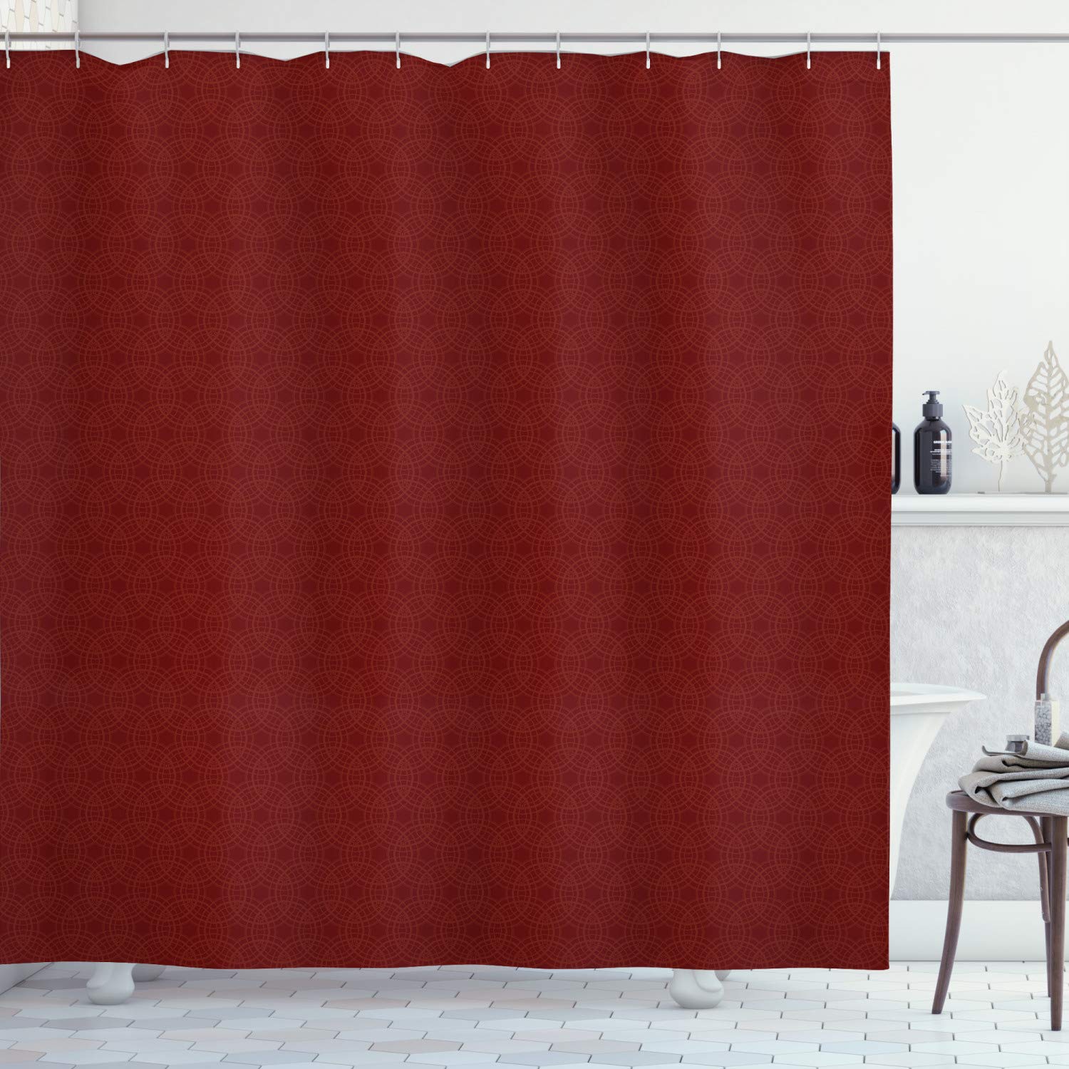 Ambesonne Abstract Geometry Shower Curtain - Modern Intertwined Circles Design, Contemporary Bathroom Decor with Hooks, 69x70 Inches, Maroon Redwood Fabric - Perfect for Stylish Bathrooms & Guest Suites