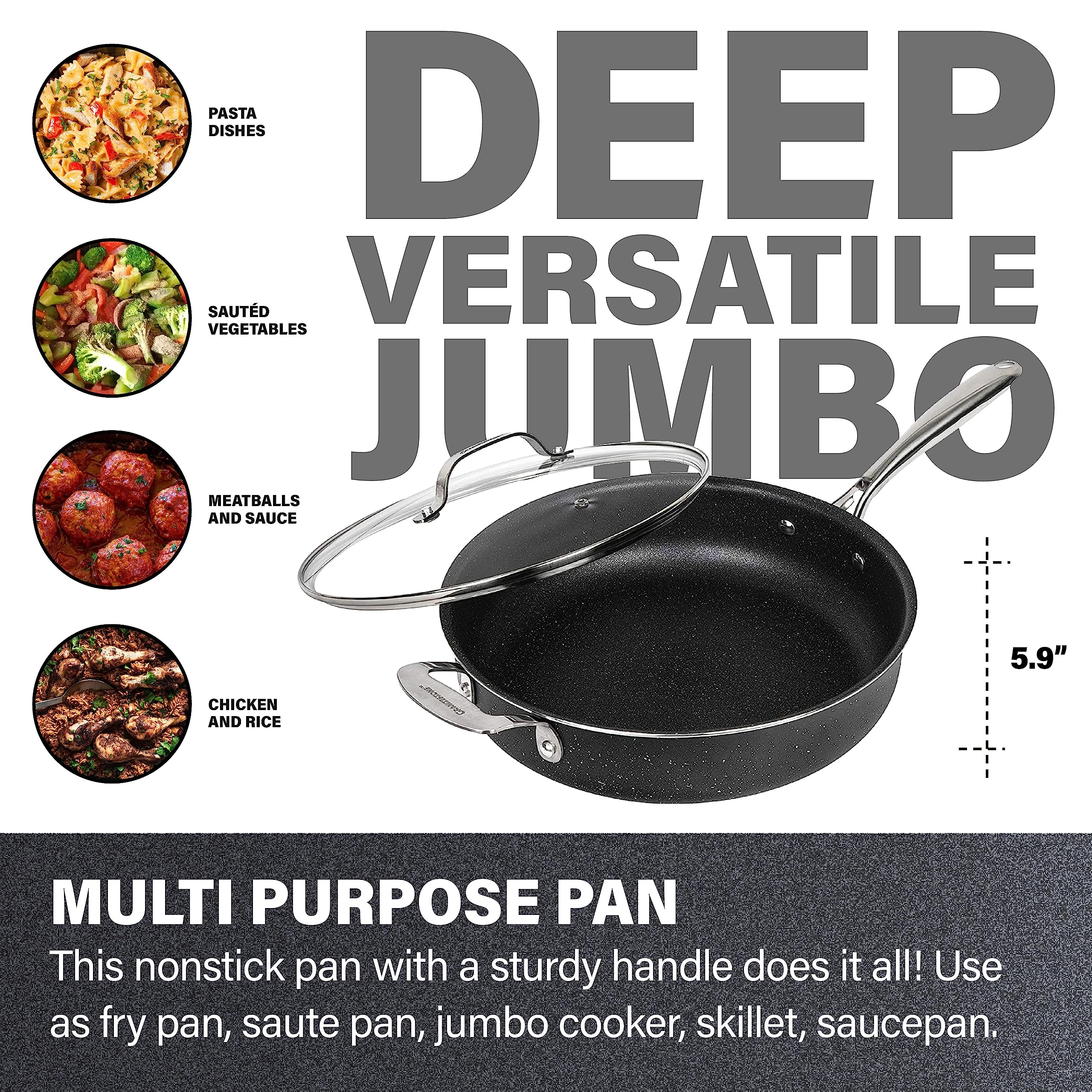 Granitestone 5.5 Quart Nonstick Sauté Pan with Lid - Oven Safe Deep Frying Skillet, Large Cookware for Stovetop & Dishwasher, PFOA Free - Perfect for Searing, Frying, Baking & Family Meals