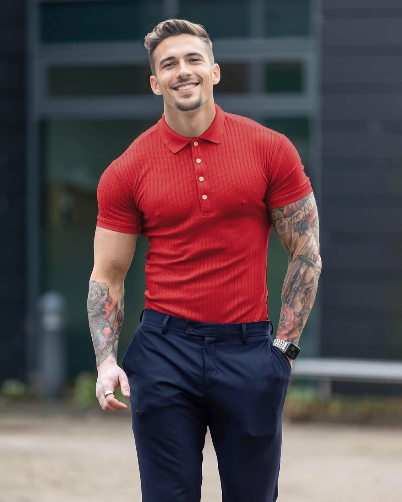 Men's Slim Fit Muscle Polo Shirts - Short Sleeve Ribbed Knit Golf & Bowling Shirts - Breathable Dry Fit Casual Tee for Sports, Work & Outdoor Activities