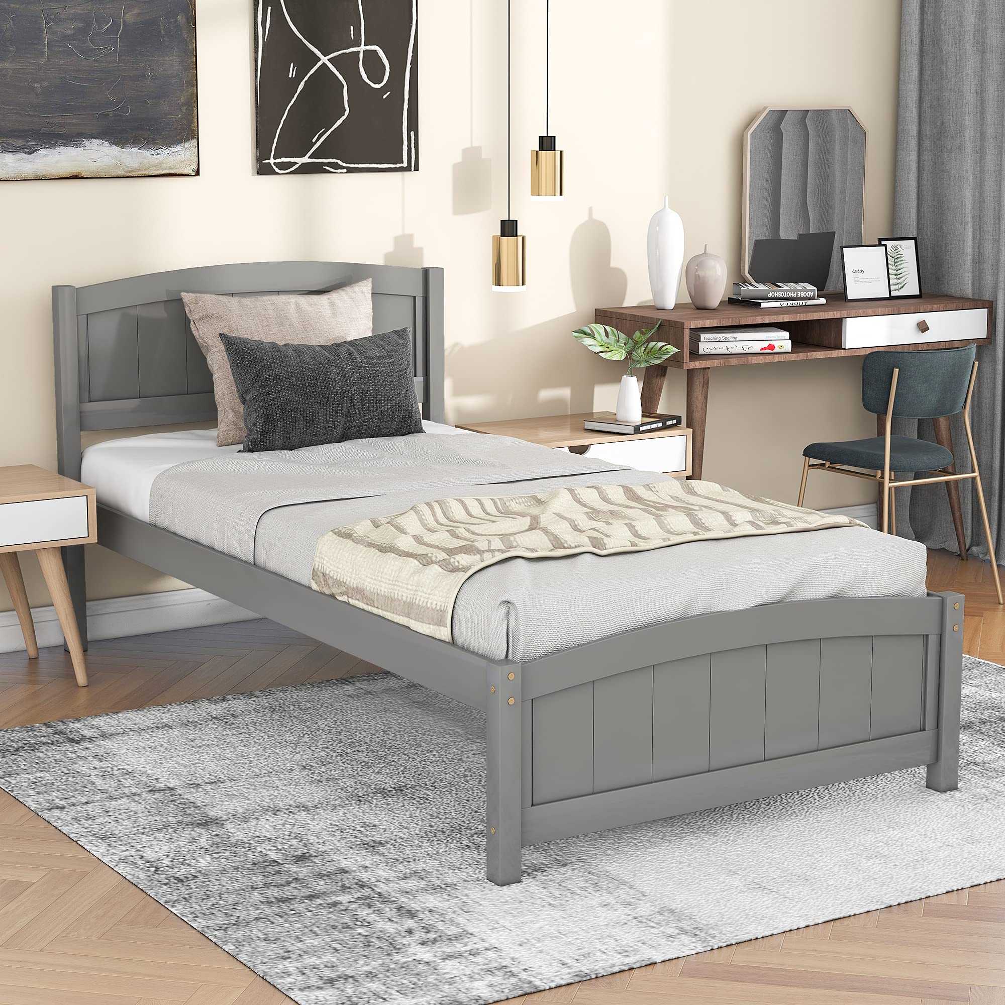 LZ LEISURE ZONE Twin Size Wooden Platform Bed Frame with Headboard, Footboard & Slats Support - Sturdy Gray Bed for Kids, Teens & Guest Rooms - Perfect for Small Spaces, Dormitories & Modern Bedrooms